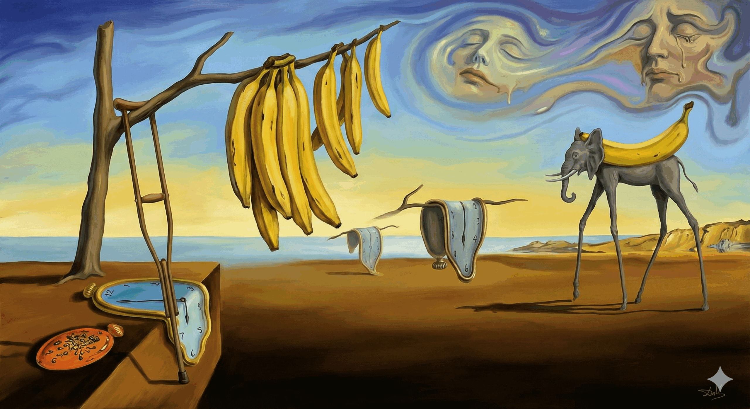 A surrealist oil painting in the style of Salvador Dalí set in a barren, dreamlike desert landscape. A cluster of yellow bananas hangs from a dead tree branch, but they are melting and drooping like soft wax. To the right, an elephant with impossibly long, spindly legs walks across the horizon carrying a giant banana on its back. In the foreground, a classic melting clock is draped over a rock, and the sky is filled with swirling, fluid clouds and distorted faces.