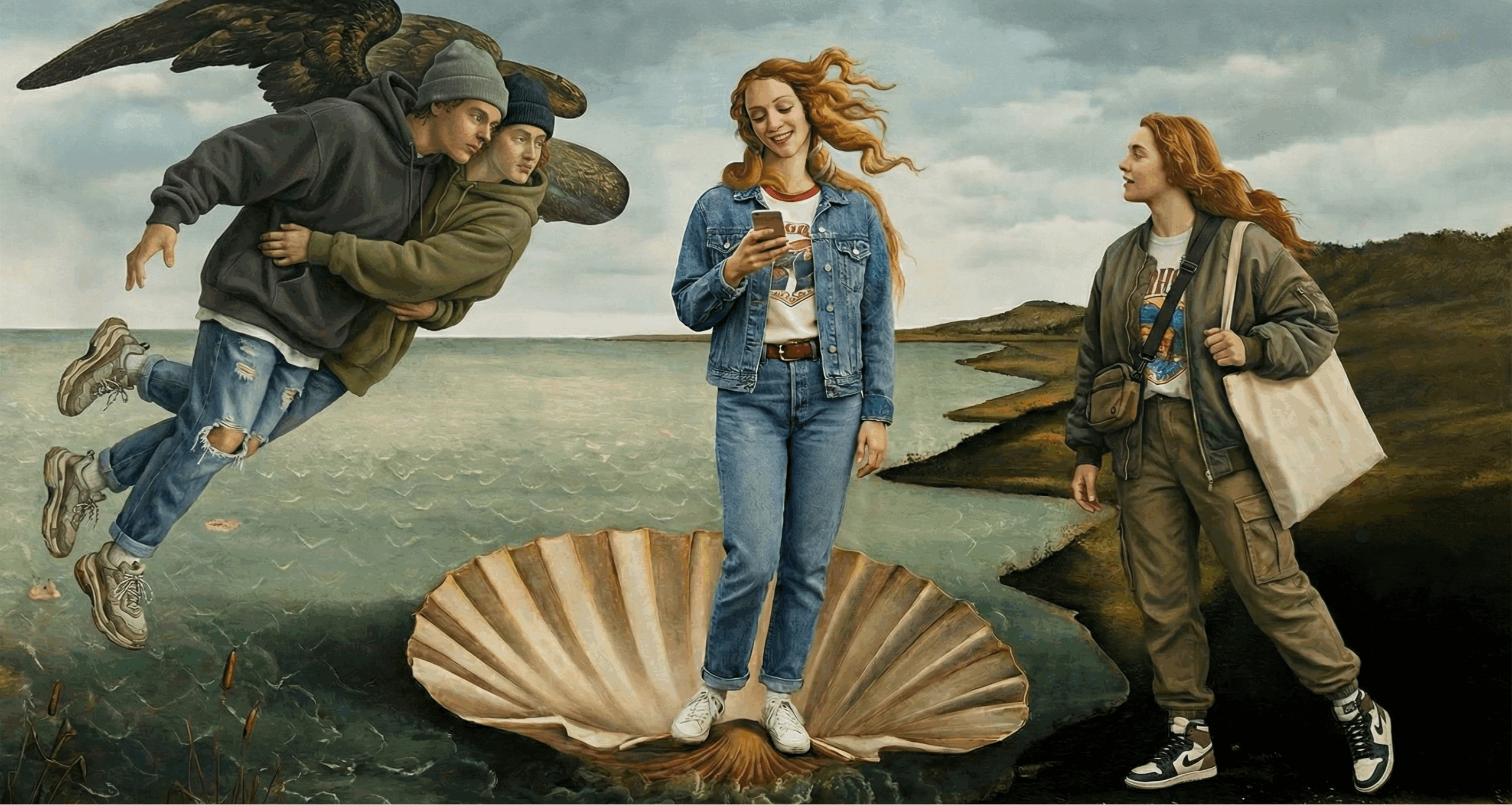 A modern parody of Sandro Botticelli's The Birth of Venus. In the center, Venus stands on a large scallop shell wearing a denim jacket, white t-shirt, blue jeans, and sneakers, looking down at a smartphone in her hand. On the left, the flying wind gods are dressed in contemporary streetwear hoodies and track pants, using a backpack leaf blower to create the wind. On the right, the figure of Spring rushes toward Venus wearing a long floral dress and carrying a canvas tote bag. The background remains the classic Renaissance seascape.