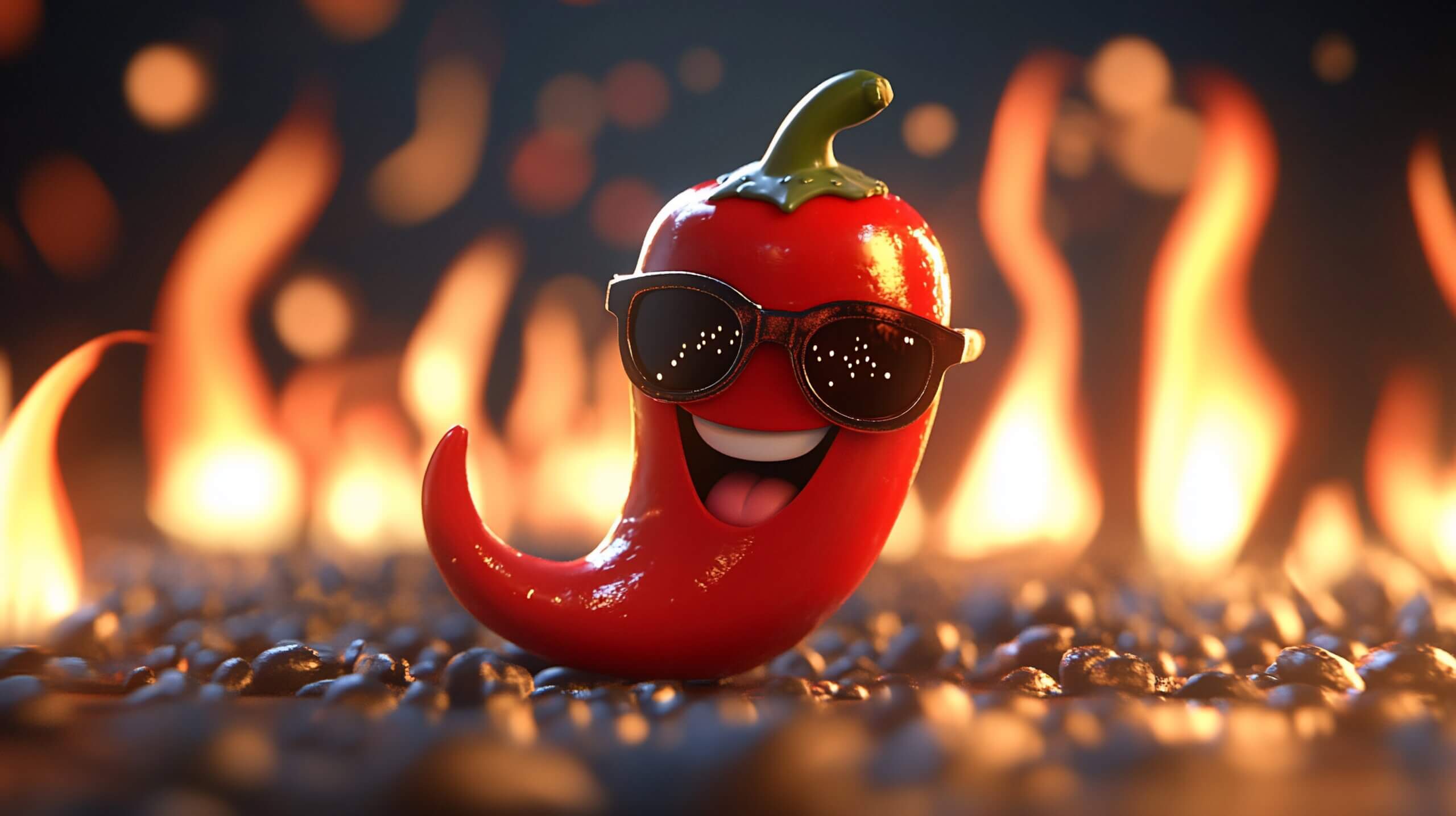 A smiling chili pepper in sunglasses with flames around it