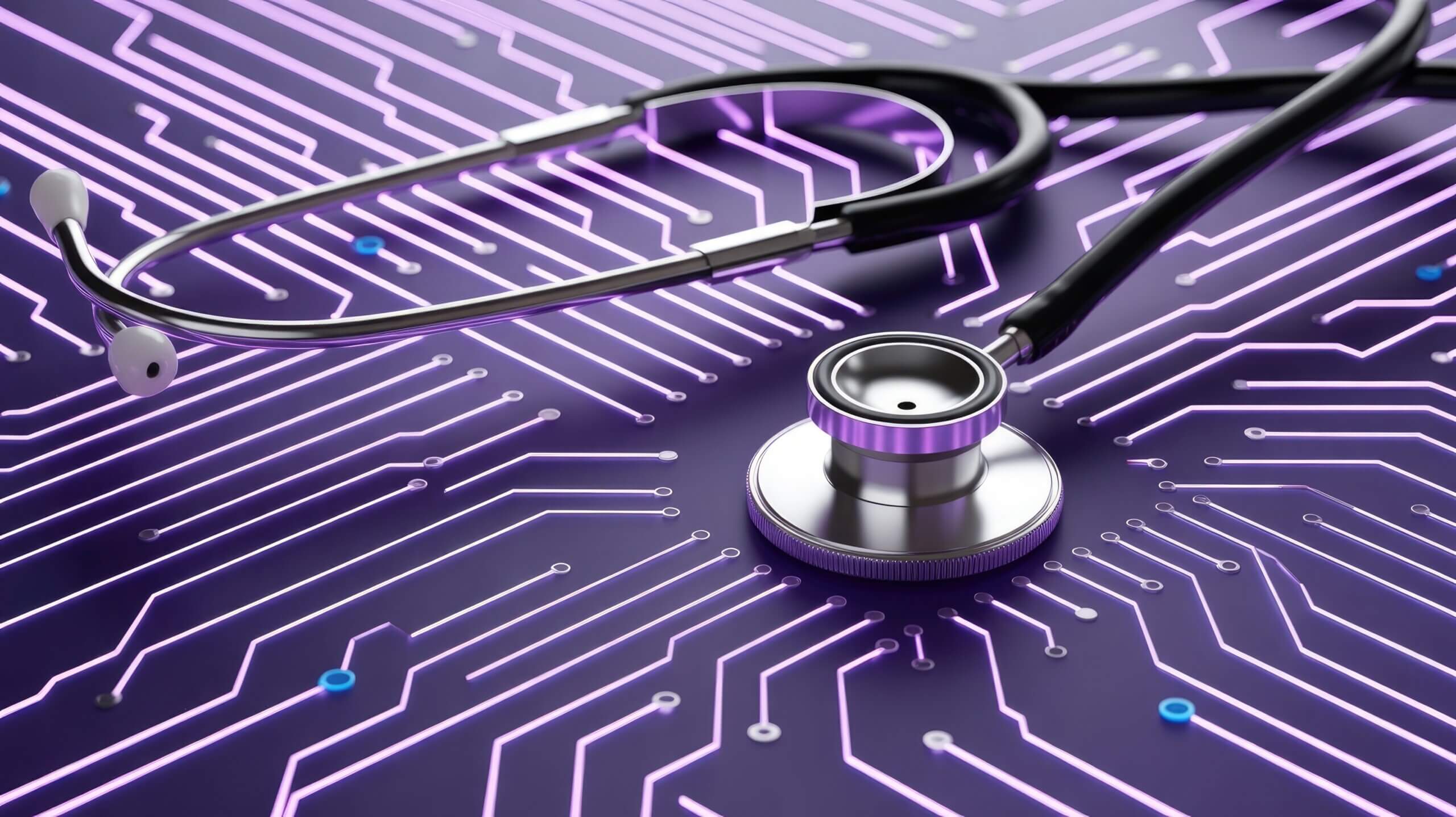 A stethoscope lies on a dark purple surface with illuminated purple circuit board lines and small blue dots.