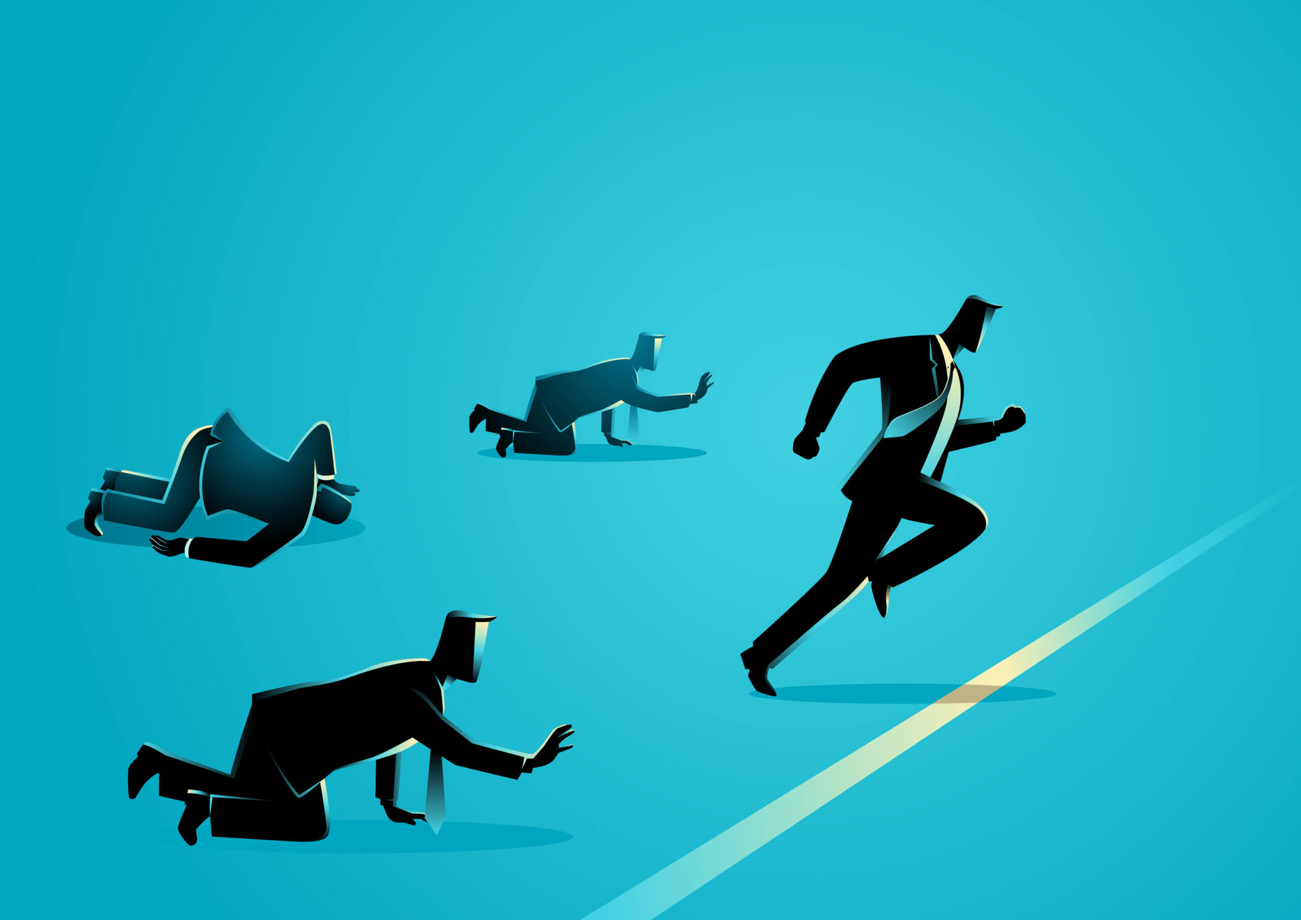 Stylized illustration of businesspeople in suits stumbling and crawling while one figure runs ahead crossing a finish line, symbolizing competition, leadership, or getting ahead of others.