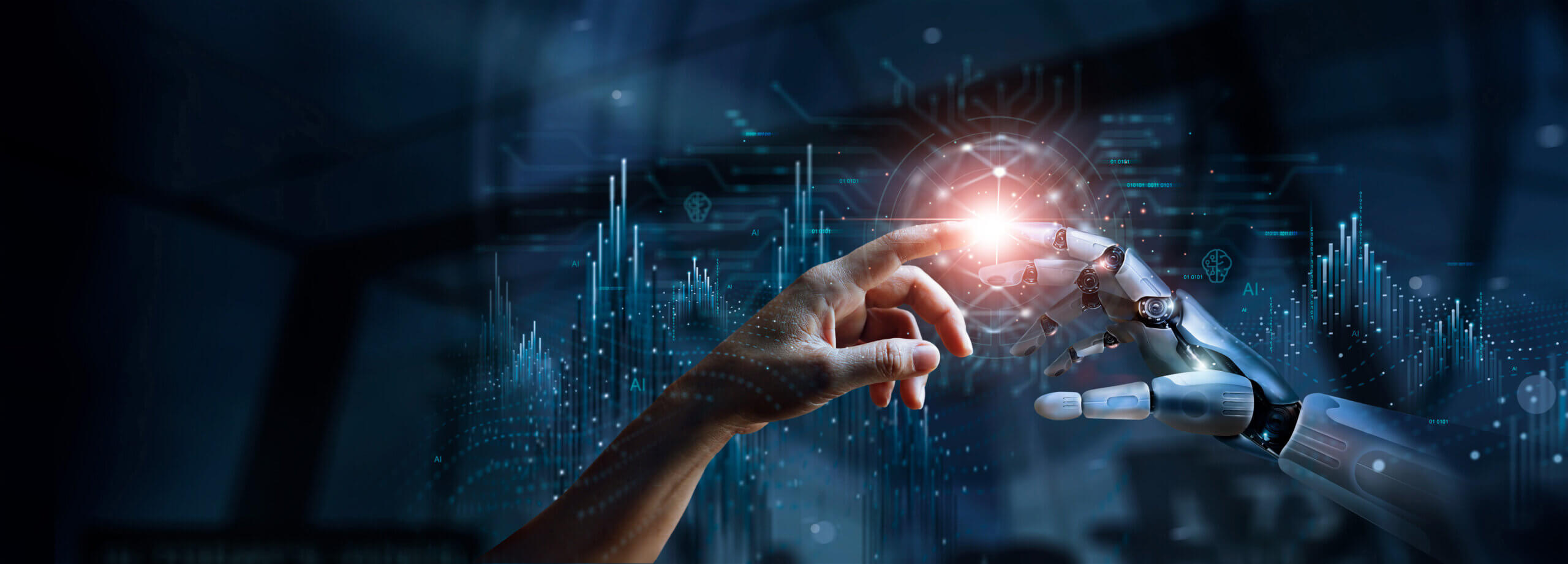 Human hand and robotic hand reaching toward each other, fingertips nearly touching with a glowing point of light between them, set against a futuristic digital interface with data charts and AI icons.
