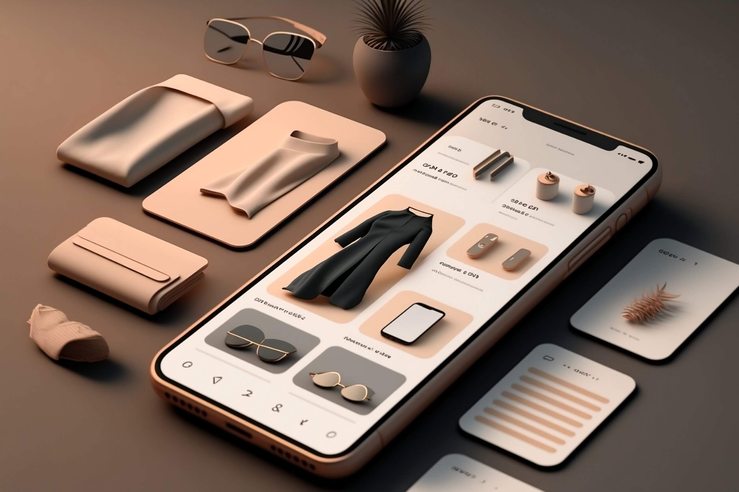 Minimalist ecommerce mobile interface displaying fashion products and accessories arranged around a smartphone.