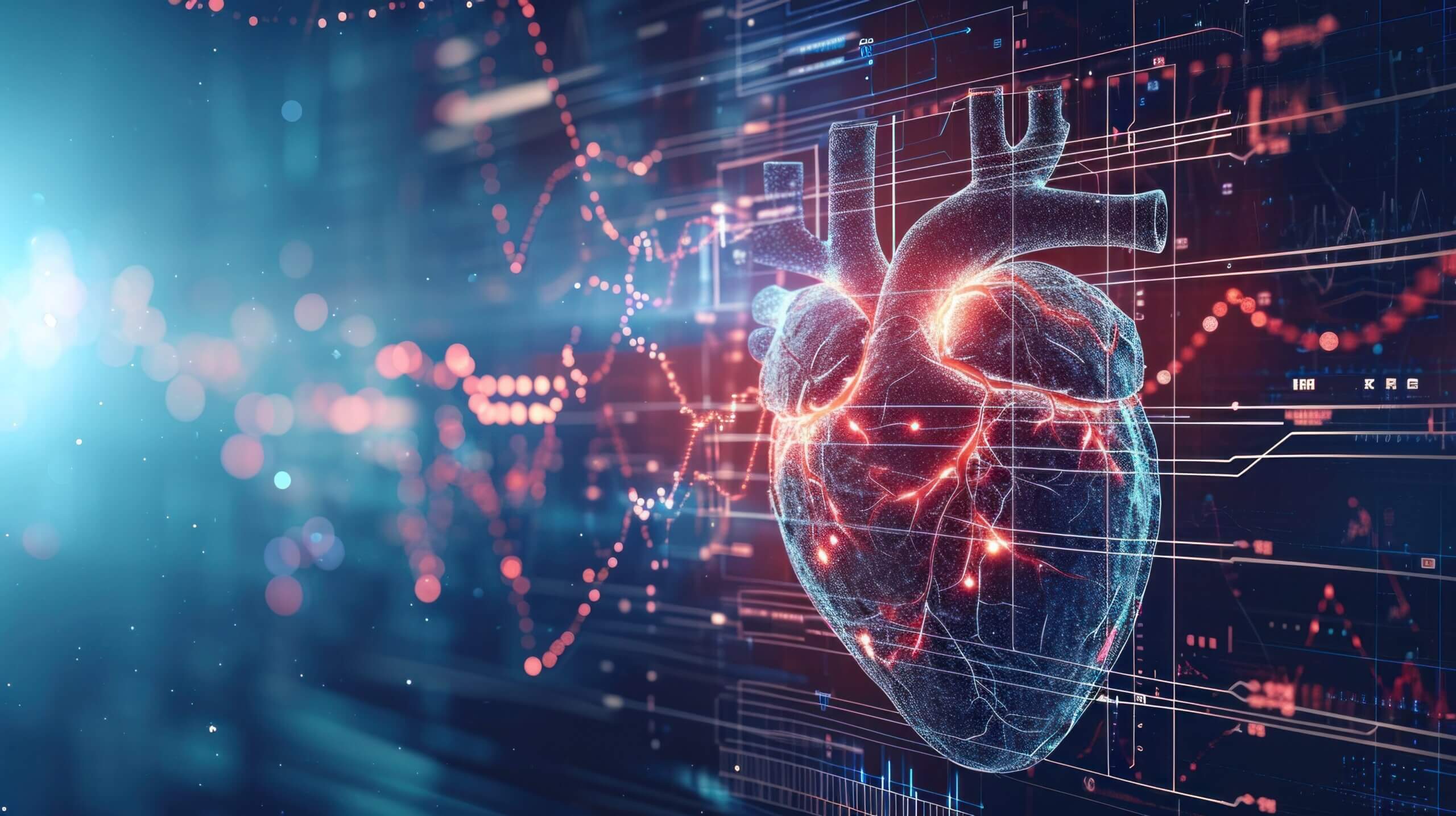 Heartbeat line transforming into a digital AI code, AI role in real-time patient monitoring and heart health management. Advanced AI technology for cardiac care.