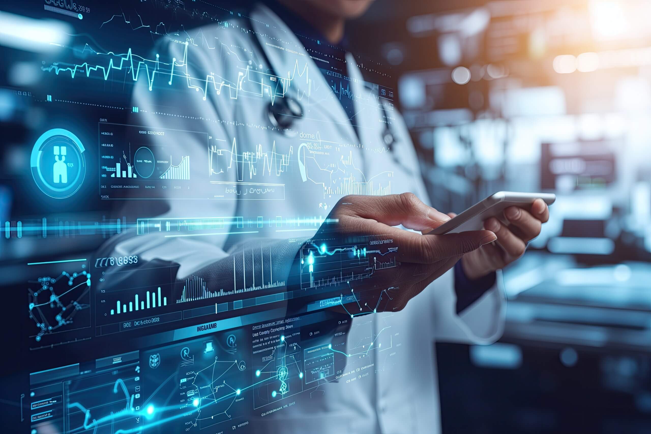 Smart Medical Doctor Working with Modern Computer Interface, Future Digital Engineering Healthcare Equipment Concept