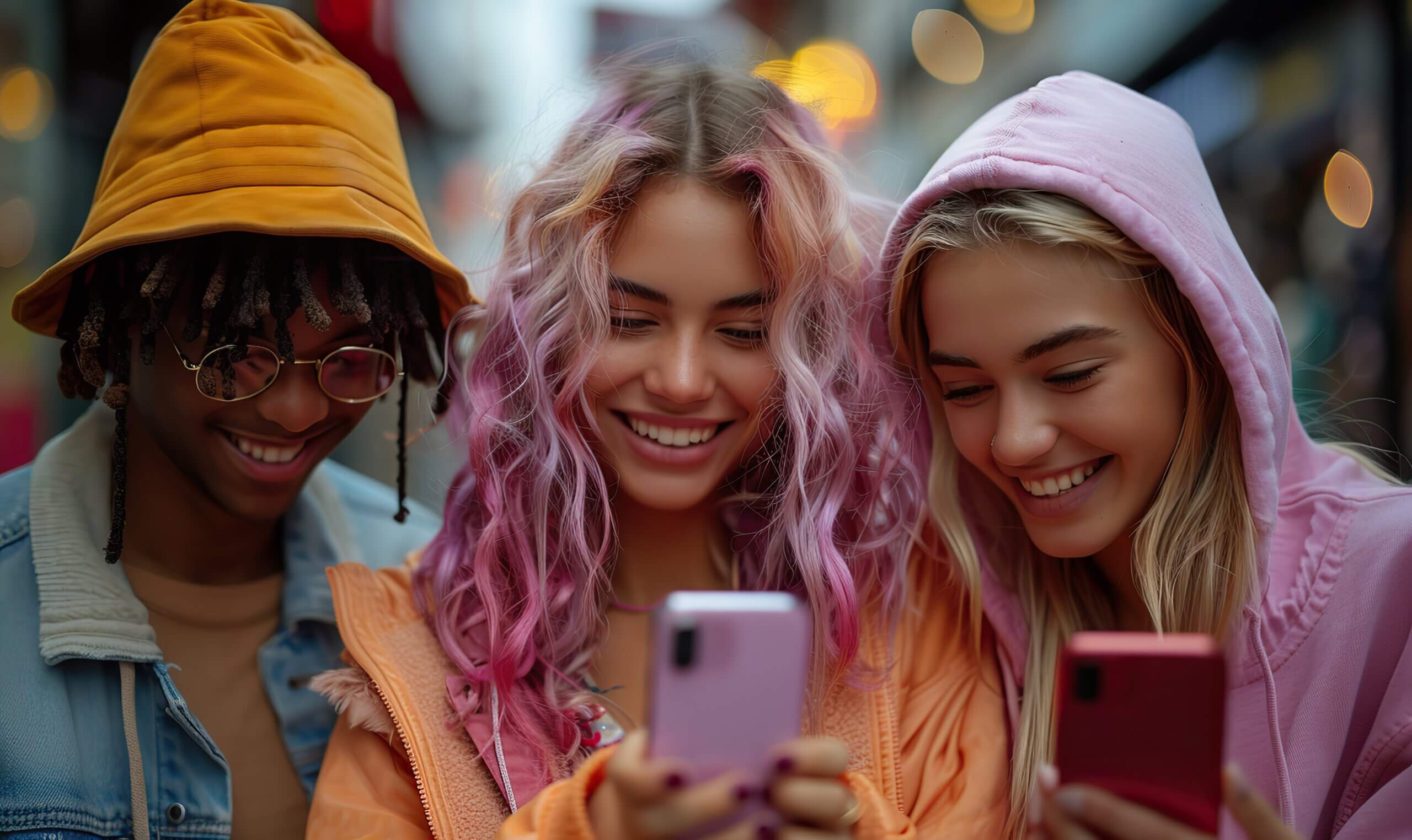 Multiracial friends are laughing and watching a mobile phone together outdoors, with teens using their smartphones on the city street, reflecting a modern tech-savvy lifestyle.