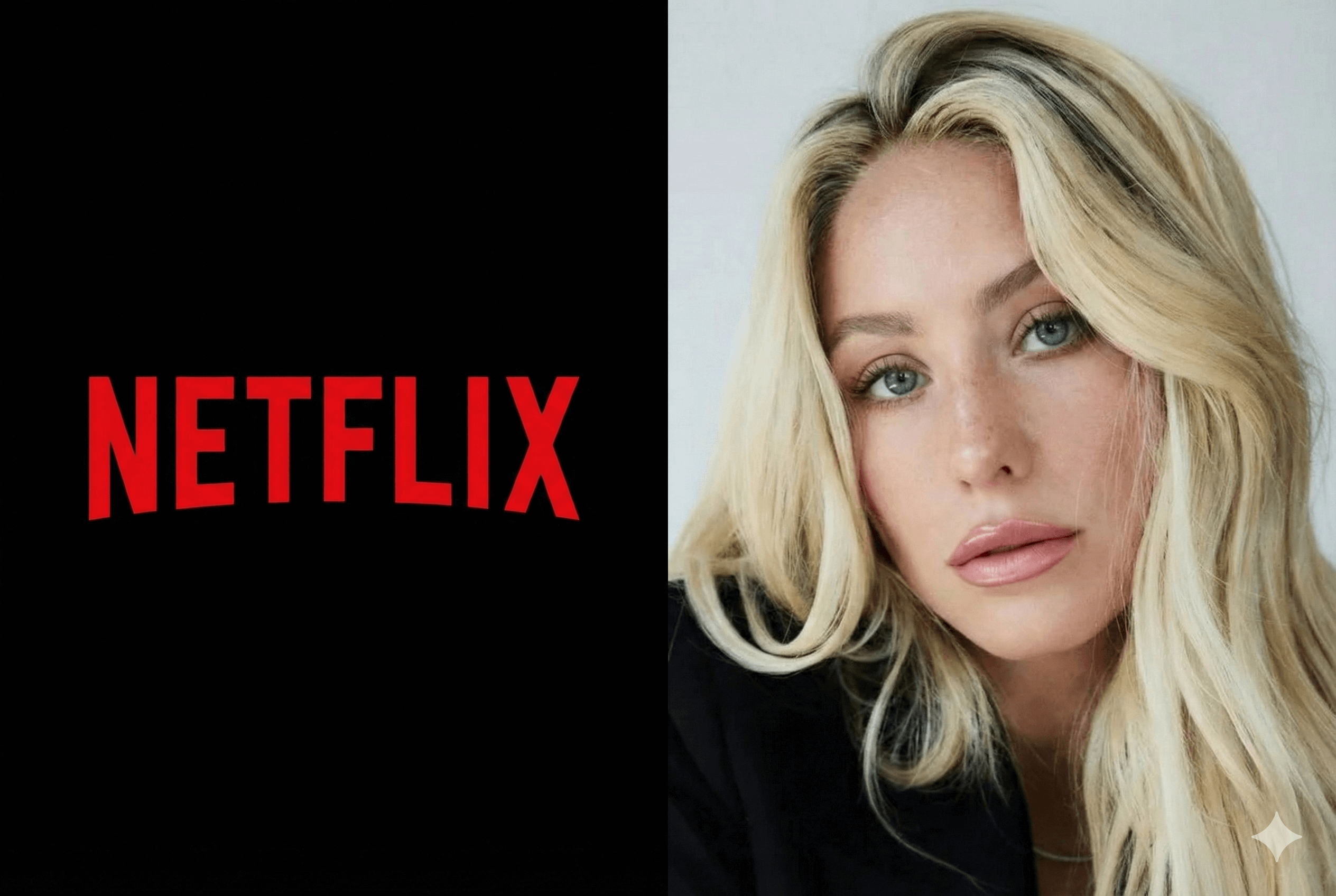 A split-screen image showing the red Netflix logo on a black background on the left, and a close-up portrait of Alix Earle with long blonde hair and a black blazer on the right.