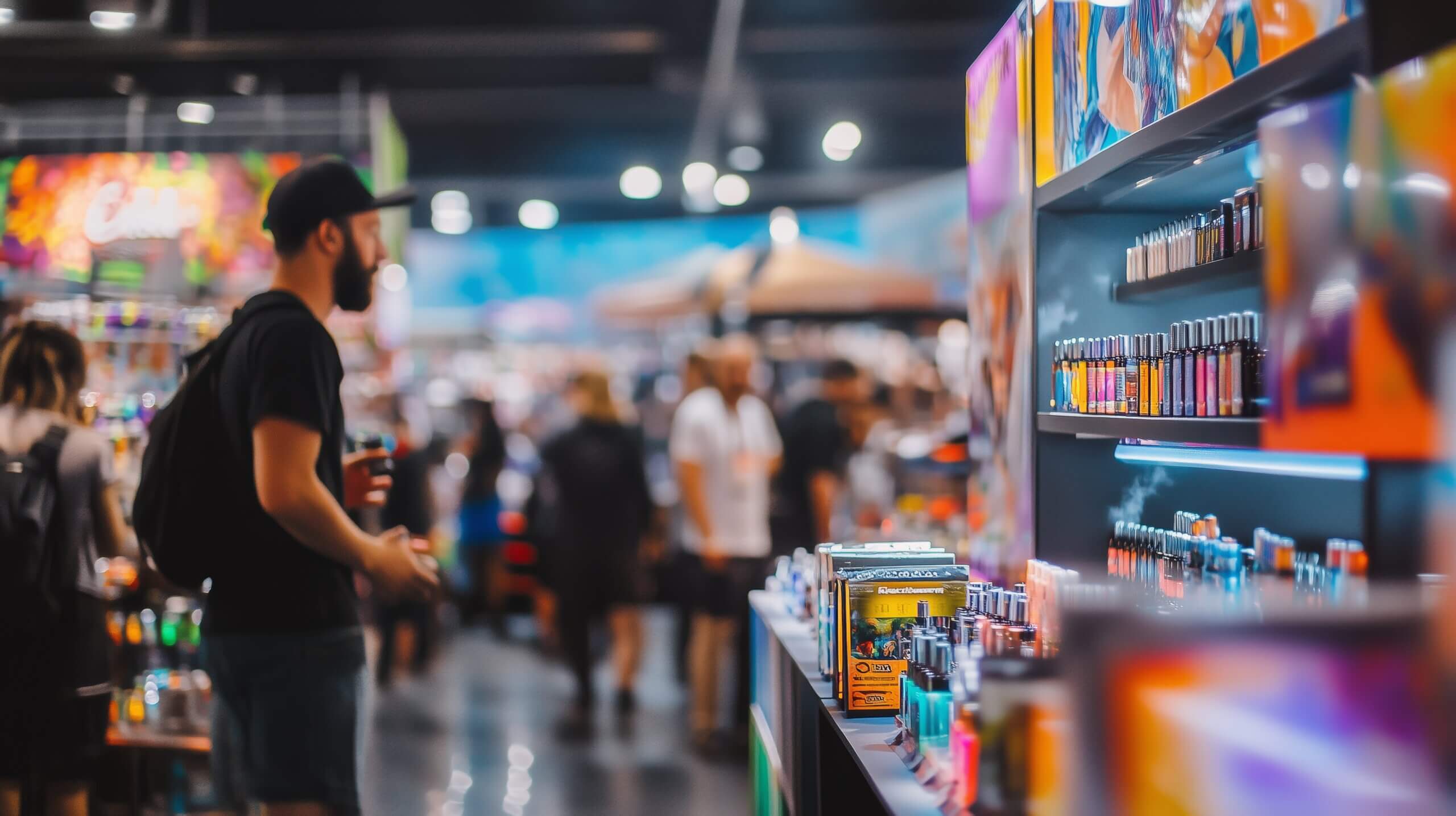 Customer browsing cbd products at a cannabis dispensary expo, with colorful displays and a blurred crowd in the background