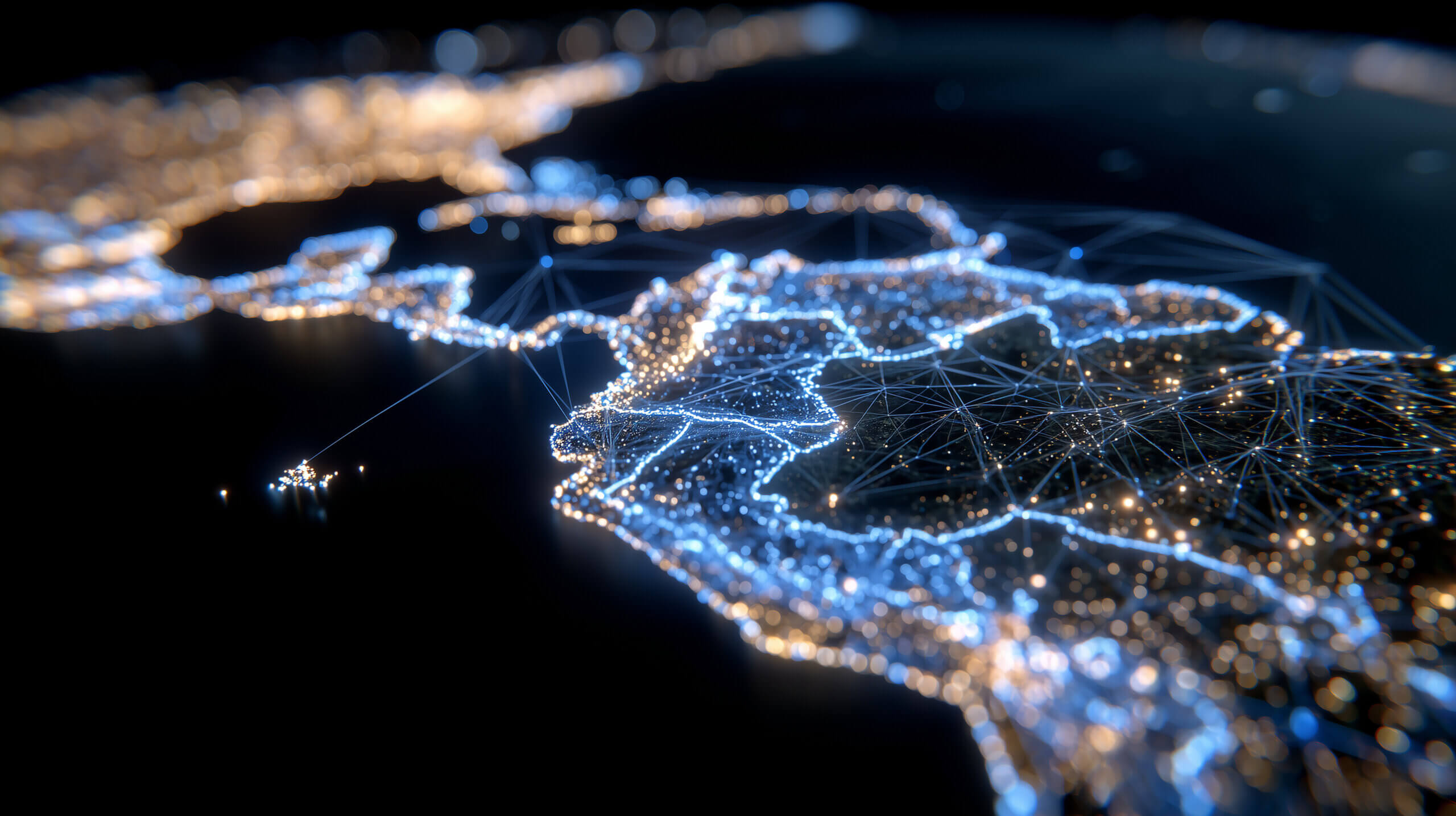 High-tech 3D map of Latin America, vibrant circuits and glowing connections illustrating internet and communication networks