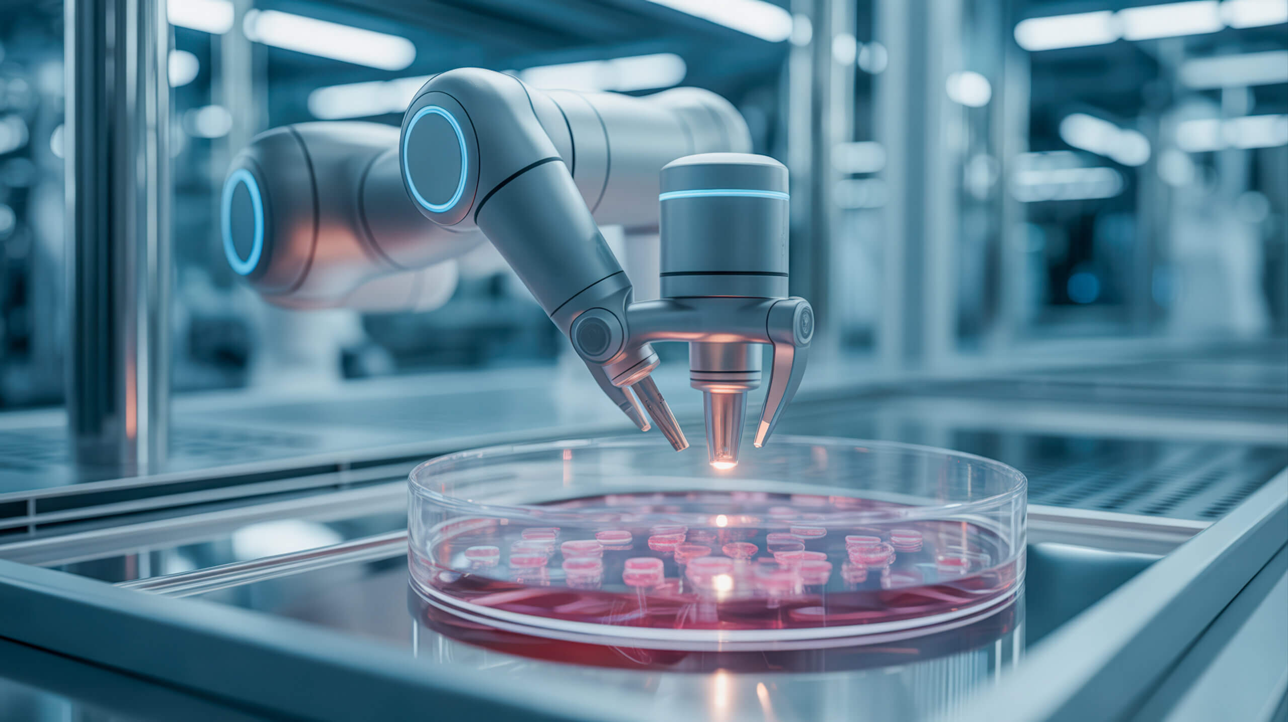 Robotic arm surgical robot medical automation lab equipment petri dish cell culture sterile precision biotech laboratory