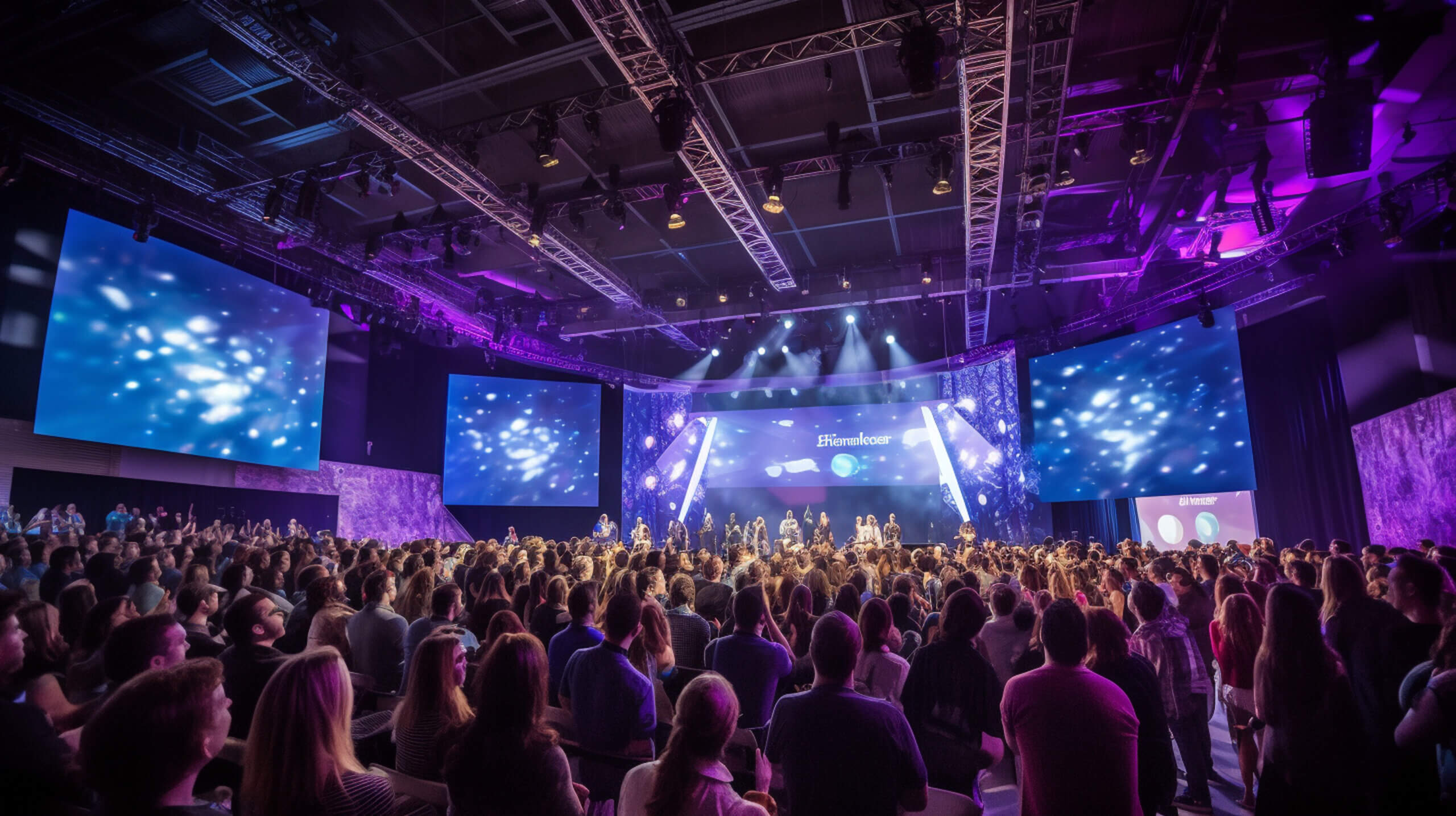 A captivating product launch event with a stage, lights, and excited attendees Generative AI