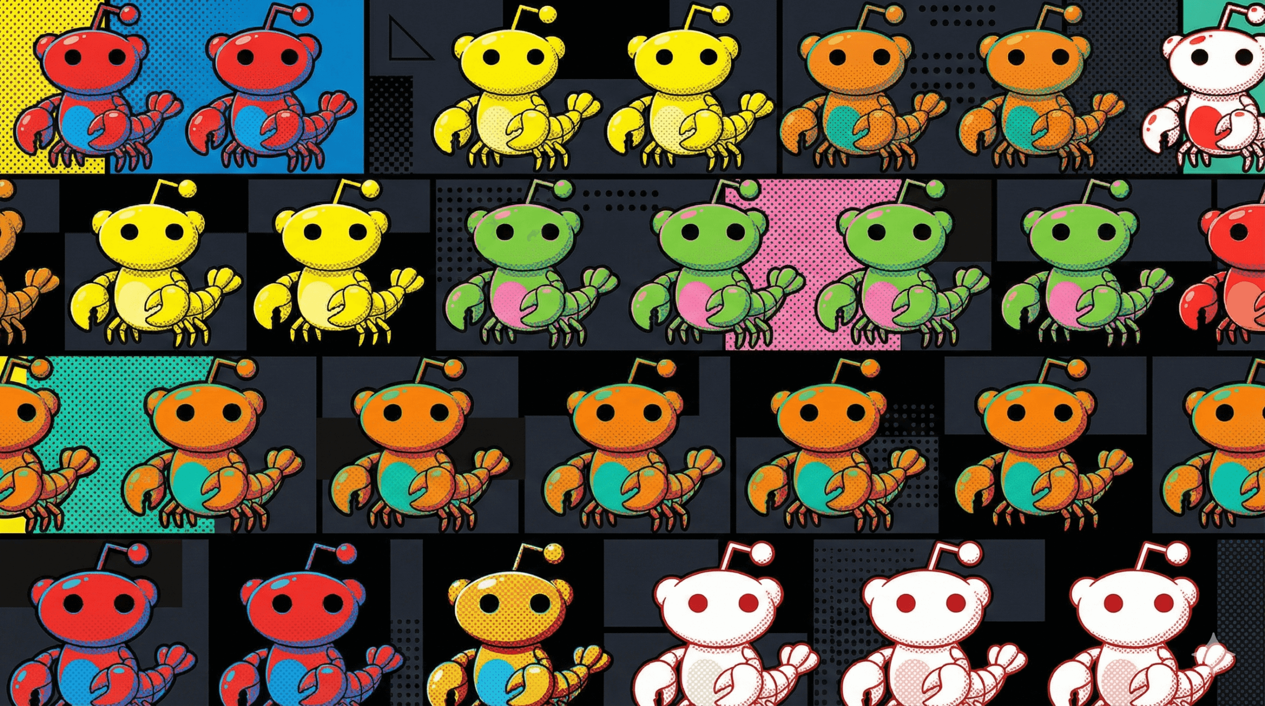 A vibrant horizontal pop art pattern featuring a stylized character that is a hybrid of the Reddit mascot (Snoo) and a lobster. The character, with a red oval head, antenna, and crustacean claws, is repeated across the image in a grid. Each panel features different high-contrast color combinations—including bright yellows, teals, pinks, and reds—and utilizes comic-book style halftone dots and bold black outlines reminiscent of Andy Warhol's work.