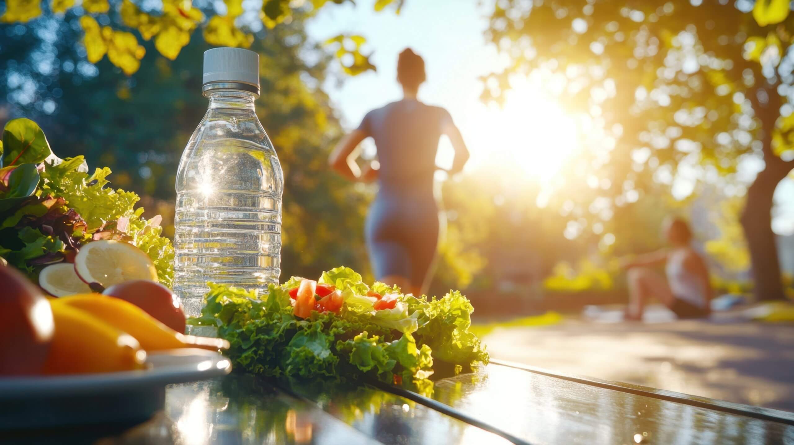 Promoting a healthy lifestyle with a focus on nutrition and exercise, featuring a fresh salad and water alongside a blurred image of a woman jogging in a park