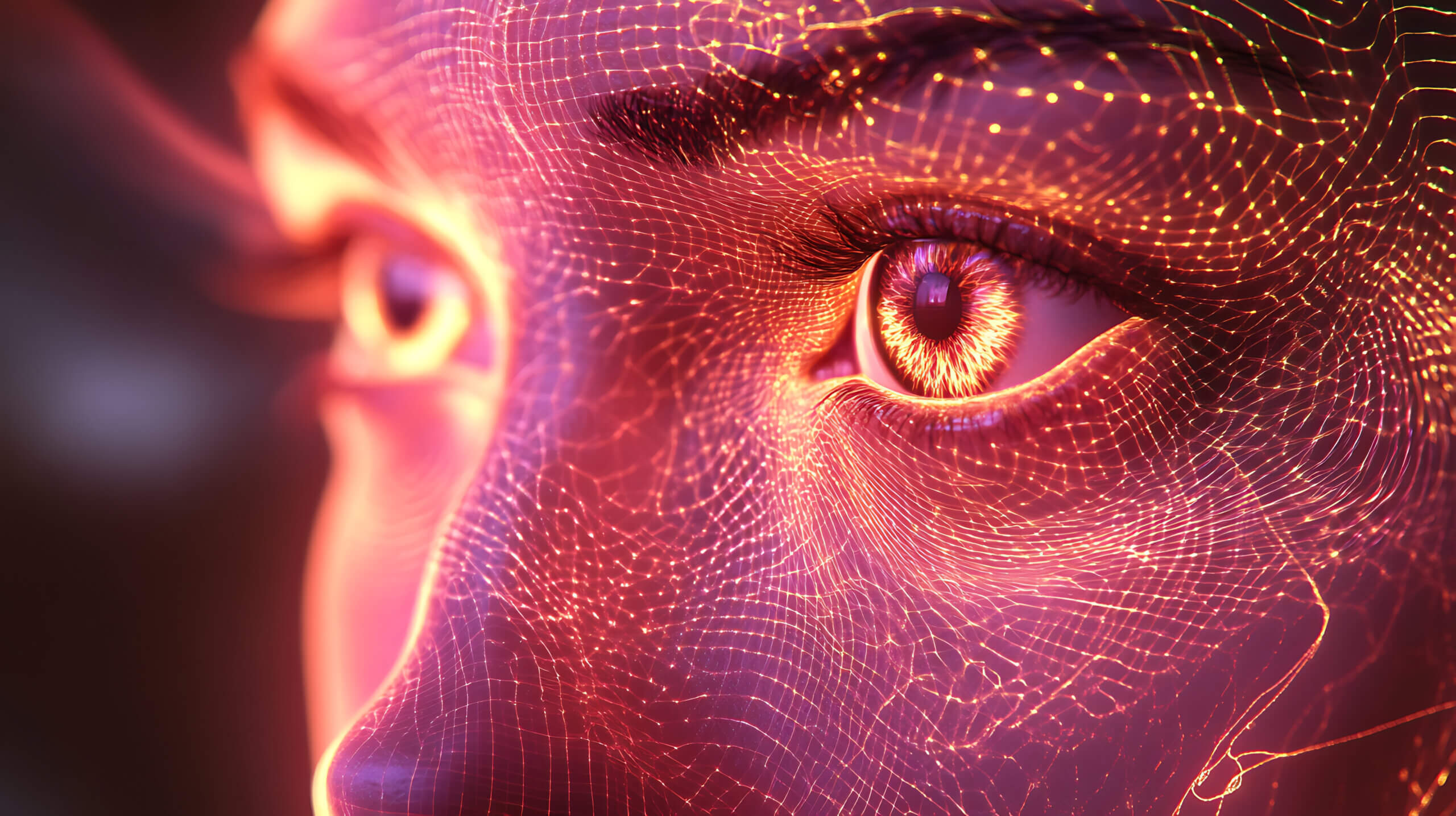 Close-up of a meta creator mid-thought, quantum logic patterns flashing across the pupils