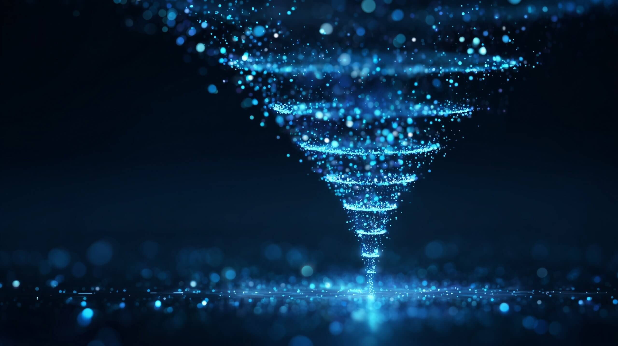 Futuristic data funnel made of blue light particles over dark background representing cro conversion rate optimization, lead funnel, and data-driven growth.