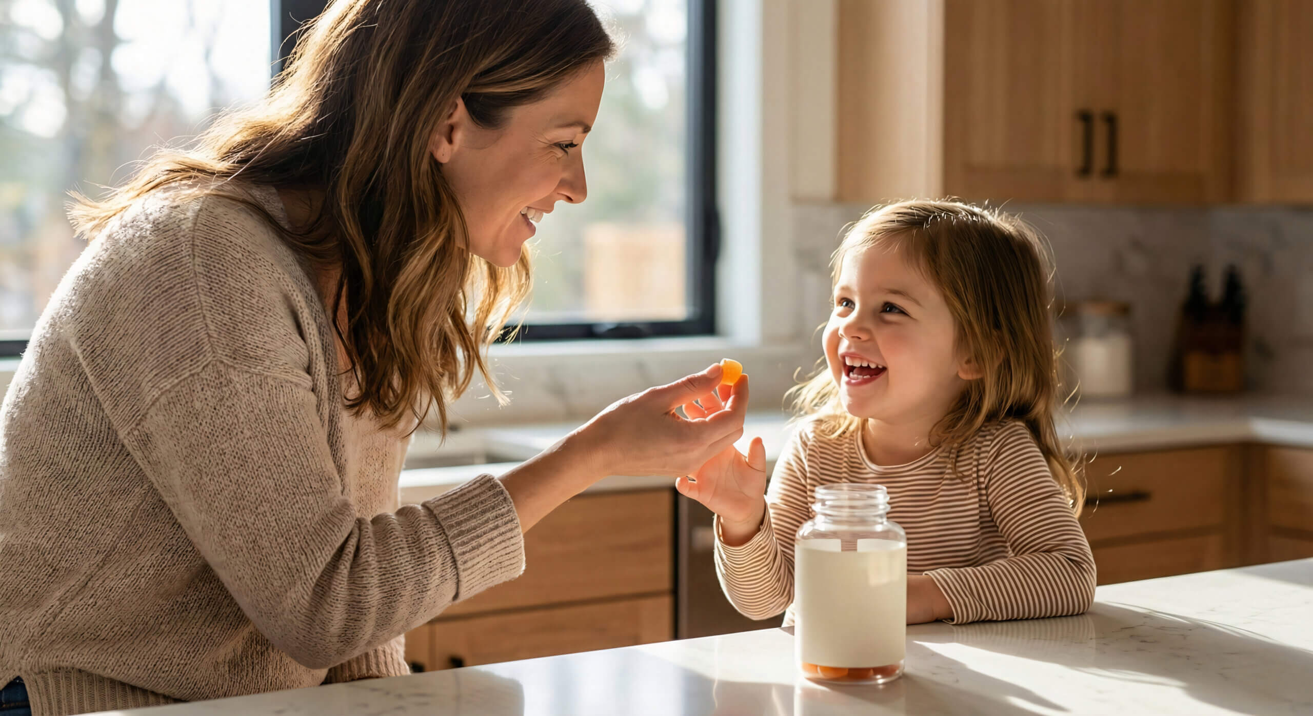 A happy mother and daughter share a healthy moment, feeding each other supplements at their sunlit kitchen counter