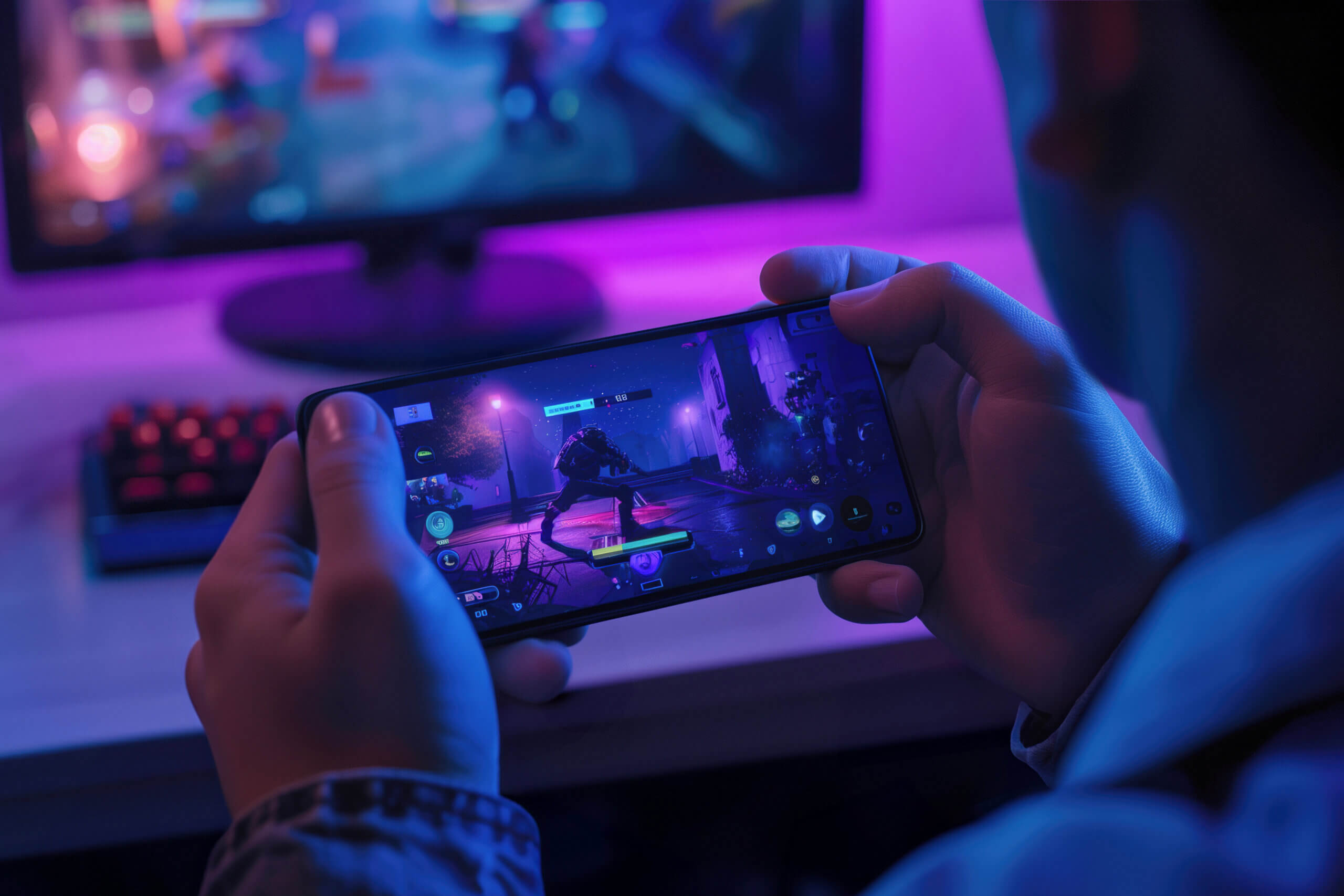 Close-up of a person playing a competitive mobile game in a neon-lit room, with a desktop gaming setup in the background. Professional mobile gaming concept as part of Esports, cybersport.