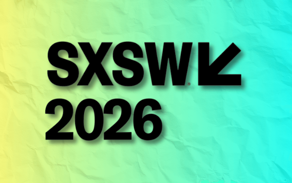 SXSW 2026 logo in black over yellow, green, and blue gradient background.
