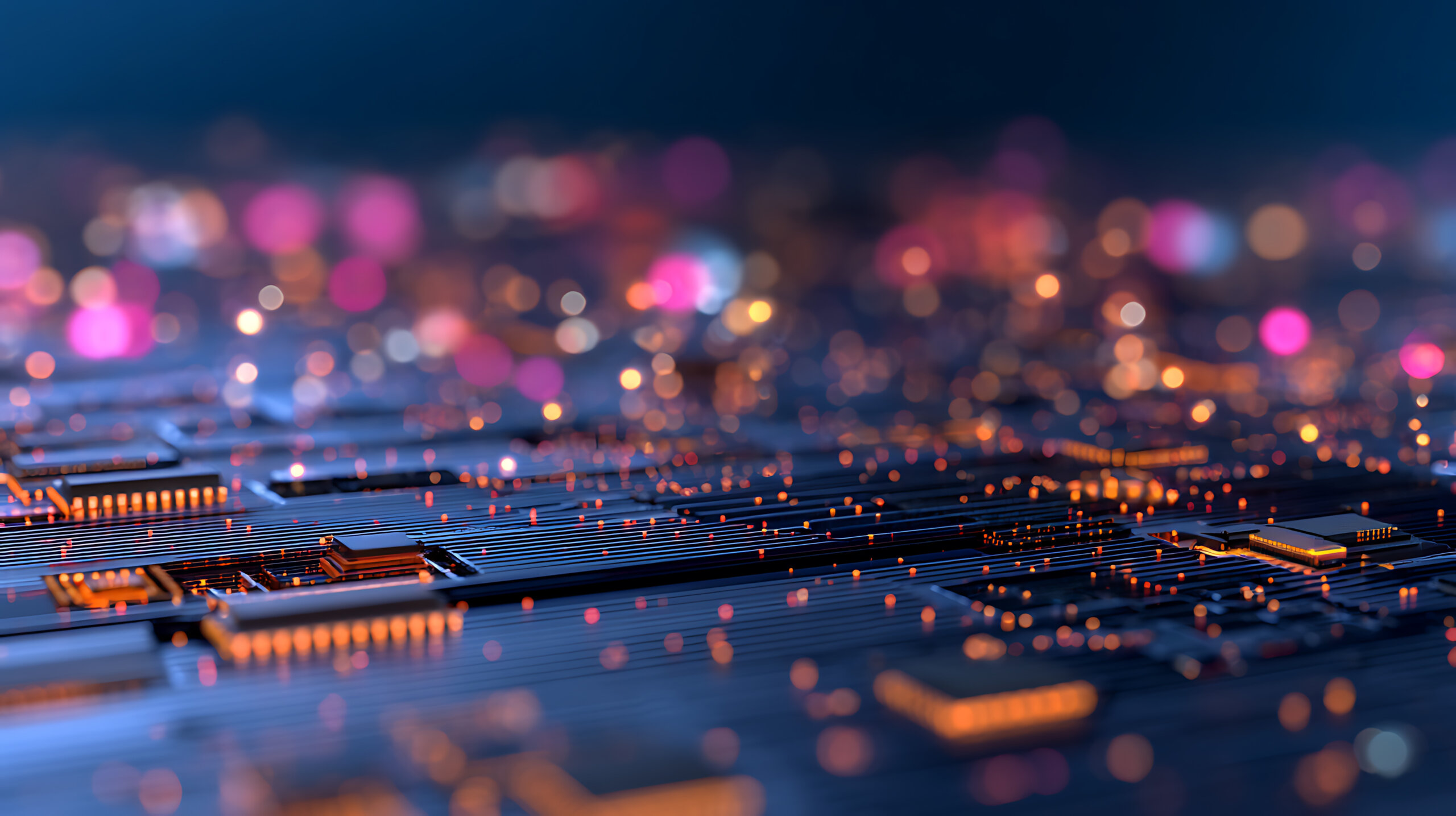 3D Rendering of abstract technology background. Wide screen wallpaper. Computer circuit dots and partial blur grid data. For deep machine learning crypto currency data center hi tech product