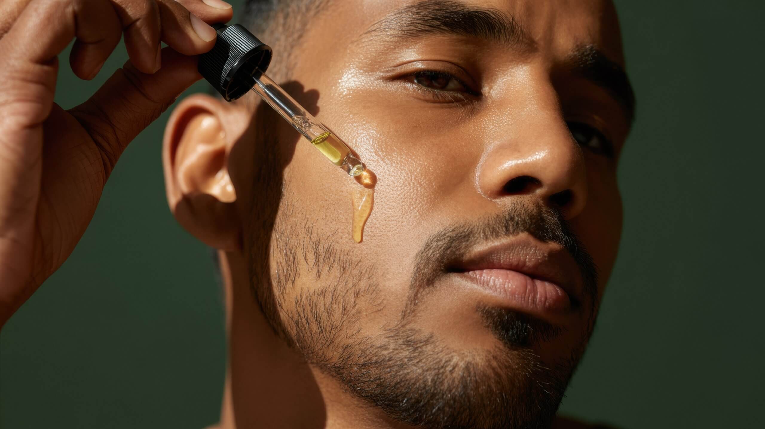 Young male applying facial serum for skincare routine on smooth skin