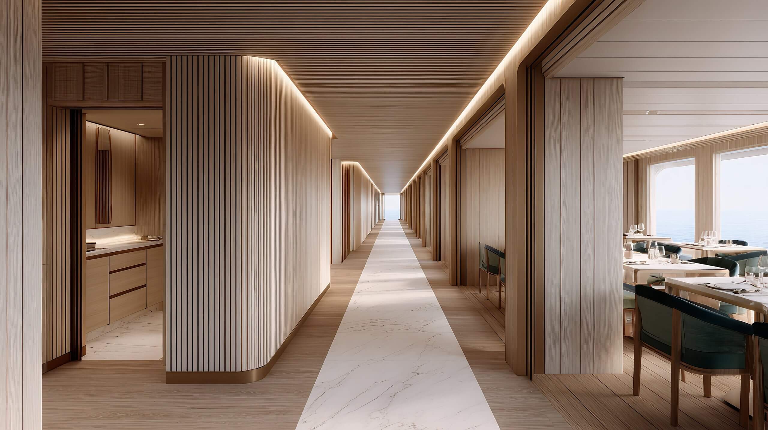 A stylish interior corridor featuring wood paneling and modern lighting, perfect for use in hospitality marketing, architecture designs, or interior decor projects,