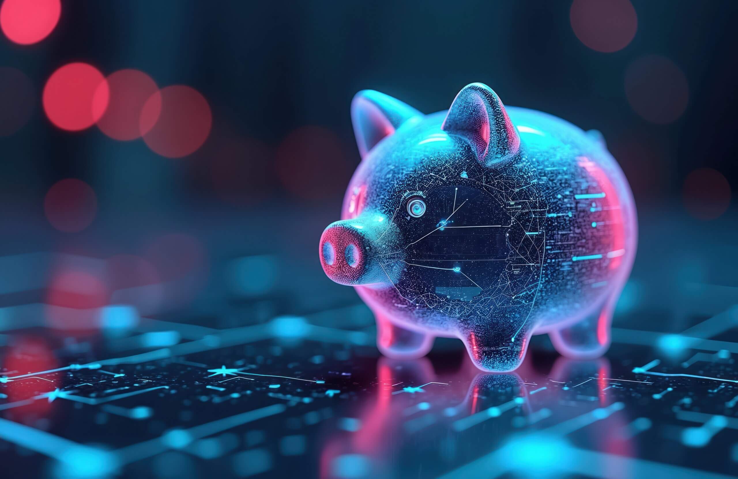 Futuristic digital piggy bank illustration. Finance tech concept design with glowing data circuit grid. Money saving investment, wealth future growth online banking account.