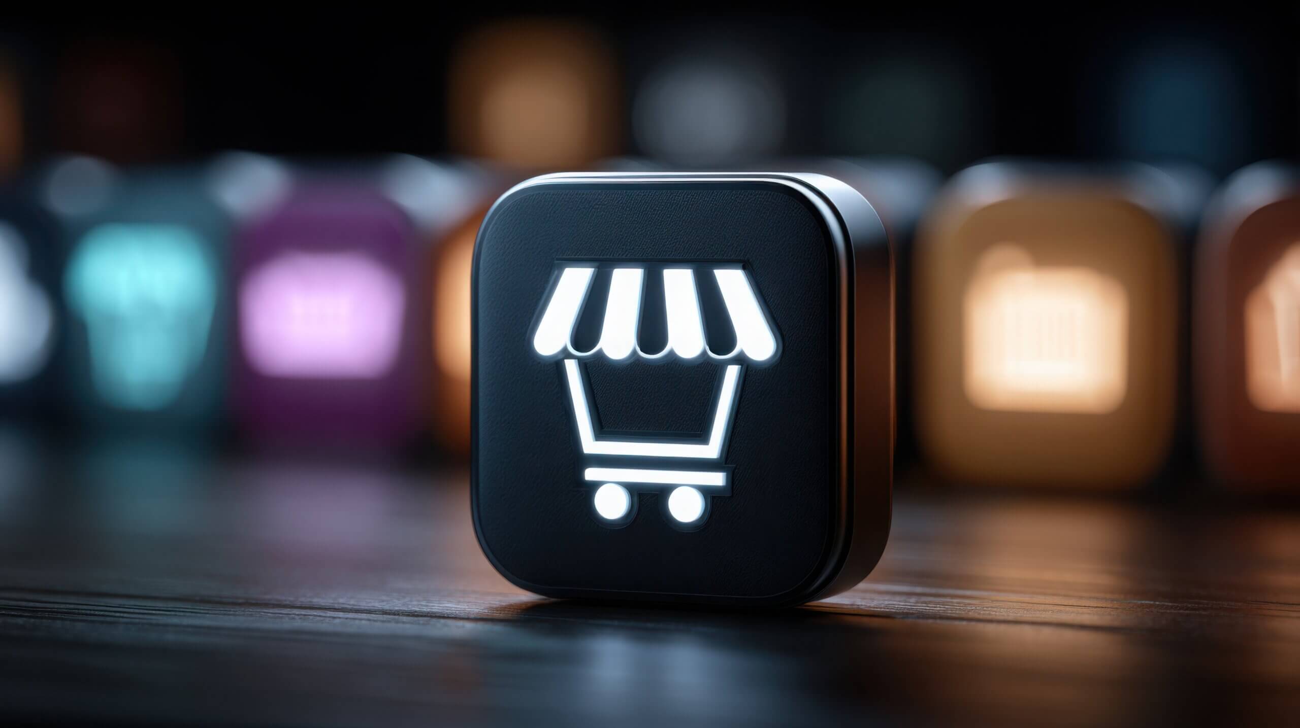 Black square button featuring a white icon representing a conceptual commerce unit with agentic attributes.