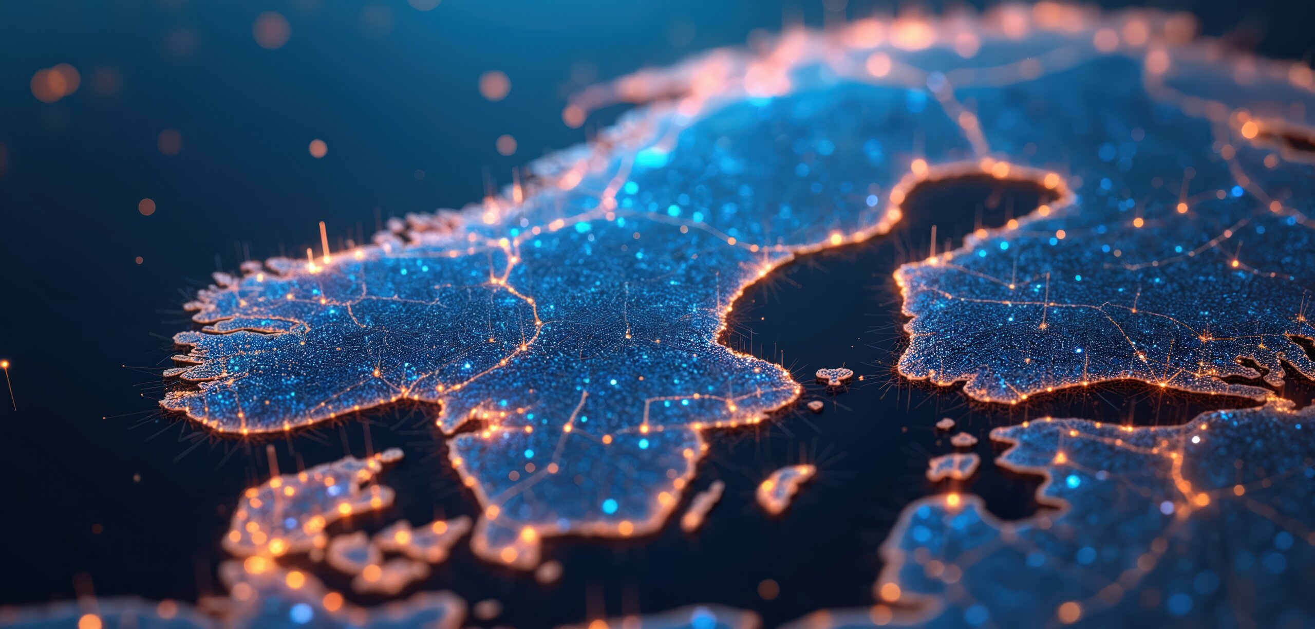 Digital map of Scandinavia shows glowing data network connections across land, sea. Northern Europe lights up with interconnected nodes lines. Global tech concept with abstract blue orange digital