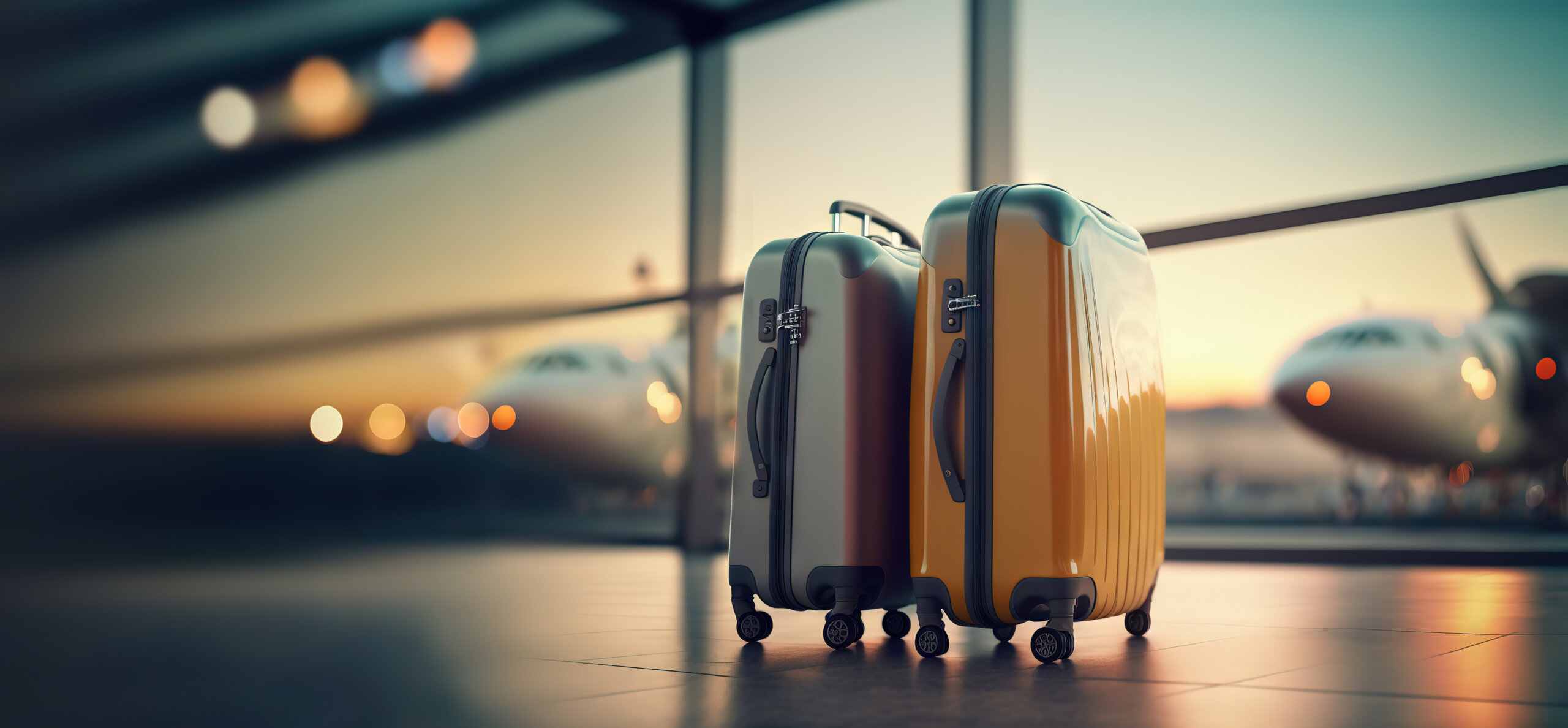 luggage suitcases at the airport wide banner with copy space area for vacations and holiday travel concepts
