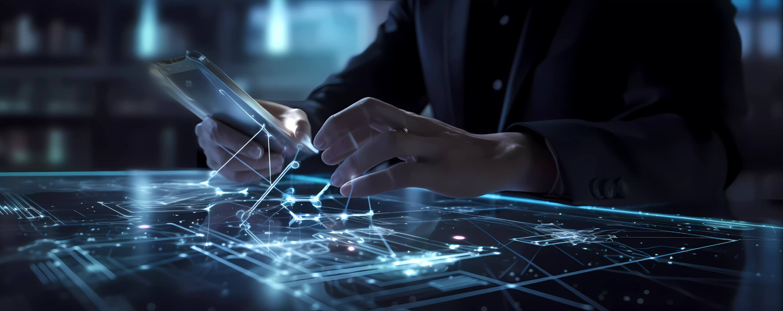 Digital technology, internet network connection, big data, digital marketing IoT internet of things. Man using modern computer surfing internet futuristic innovative technology background