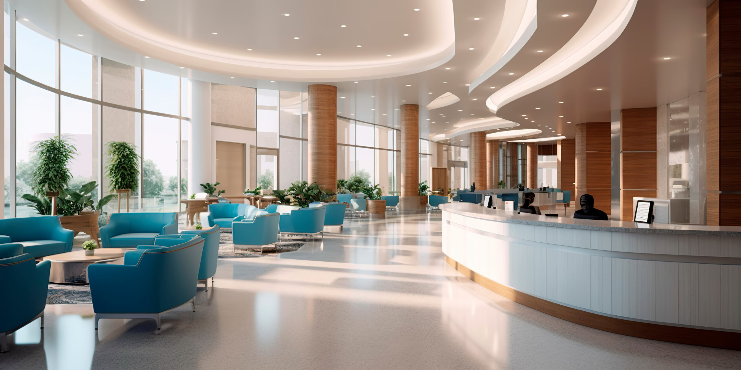 Detailed interior shots of a modern hospital lobby, showcasing the sleek design, comfortable seating areas, and welcoming atmosphere.