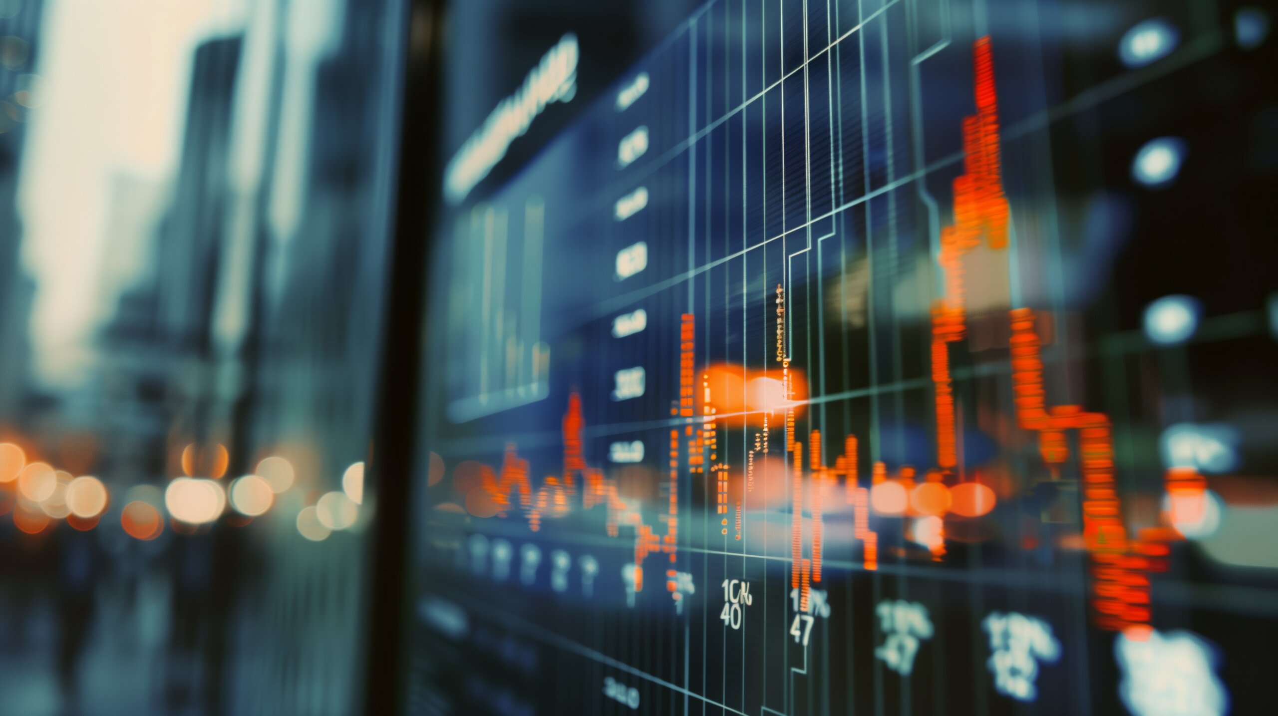 Abstract Stock Market Chart Reflected on Glass Building with Red Candlestick Pattern in Financial District