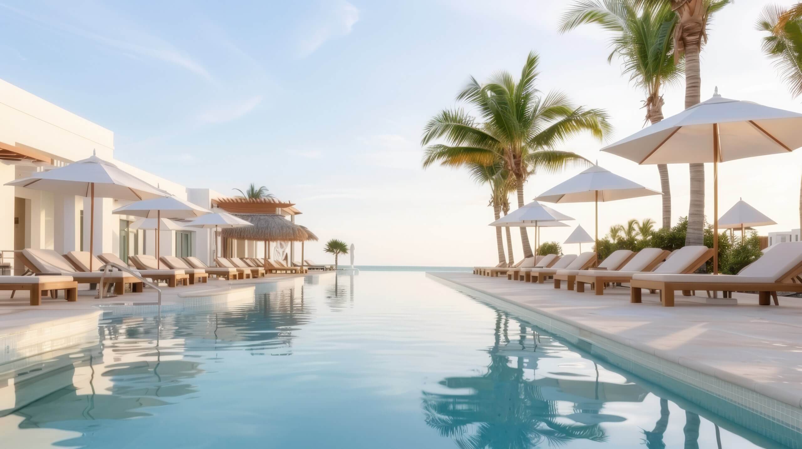 A pristine resort pool area features comfortable lounge chairs, umbrellas, and cabanas, framed by palm trees, under a clear blue sky, epitomizing luxury and relaxation.