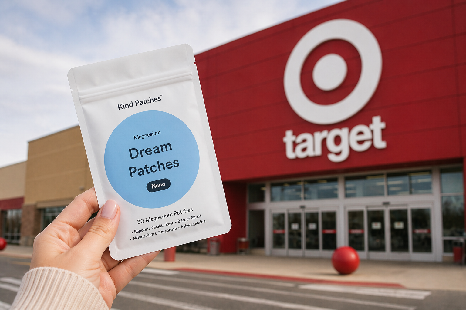 A hand holding Kind Patches Magnesium Dream Patches in front of a Target store, highlighting the brand’s nationwide retail expansion.