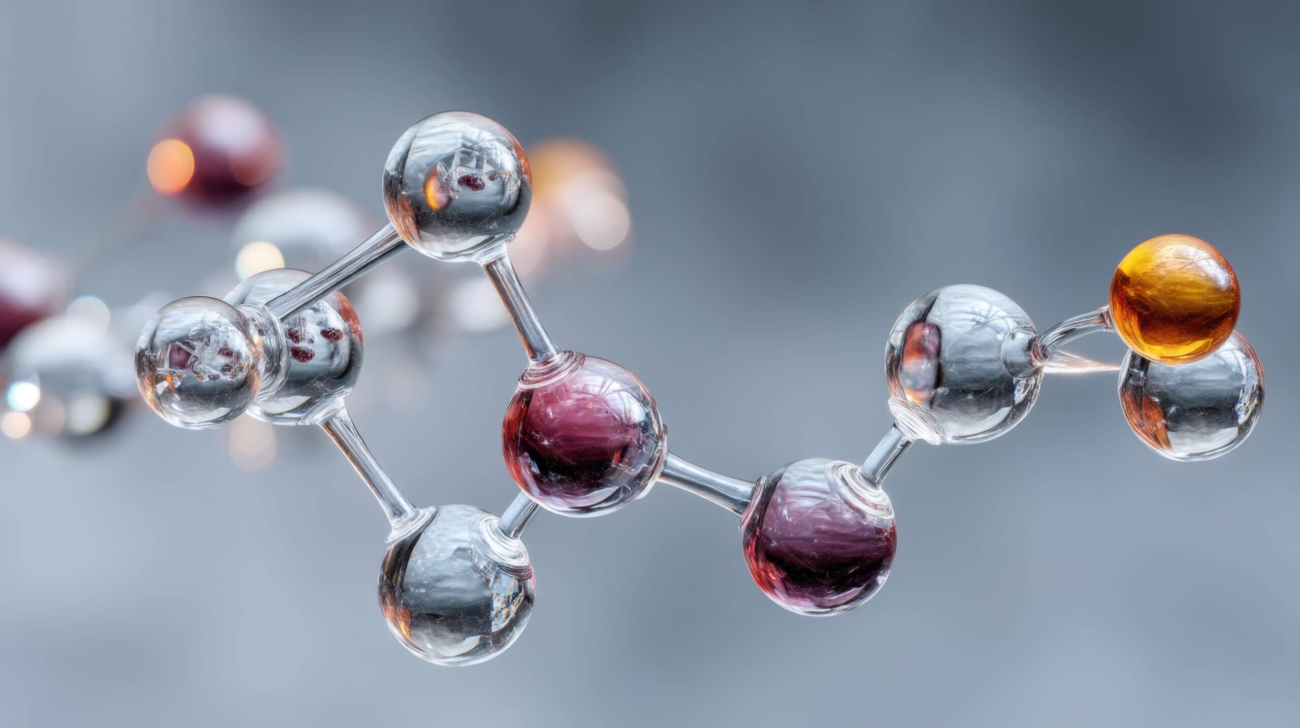 Detailed artistic representation of a shiny, transparent molecular structure symbolizing advancements in chemistry, biotechnology, and related research. The image conveys innovation, science, and complex molecular arrangements in a visually appealing style.