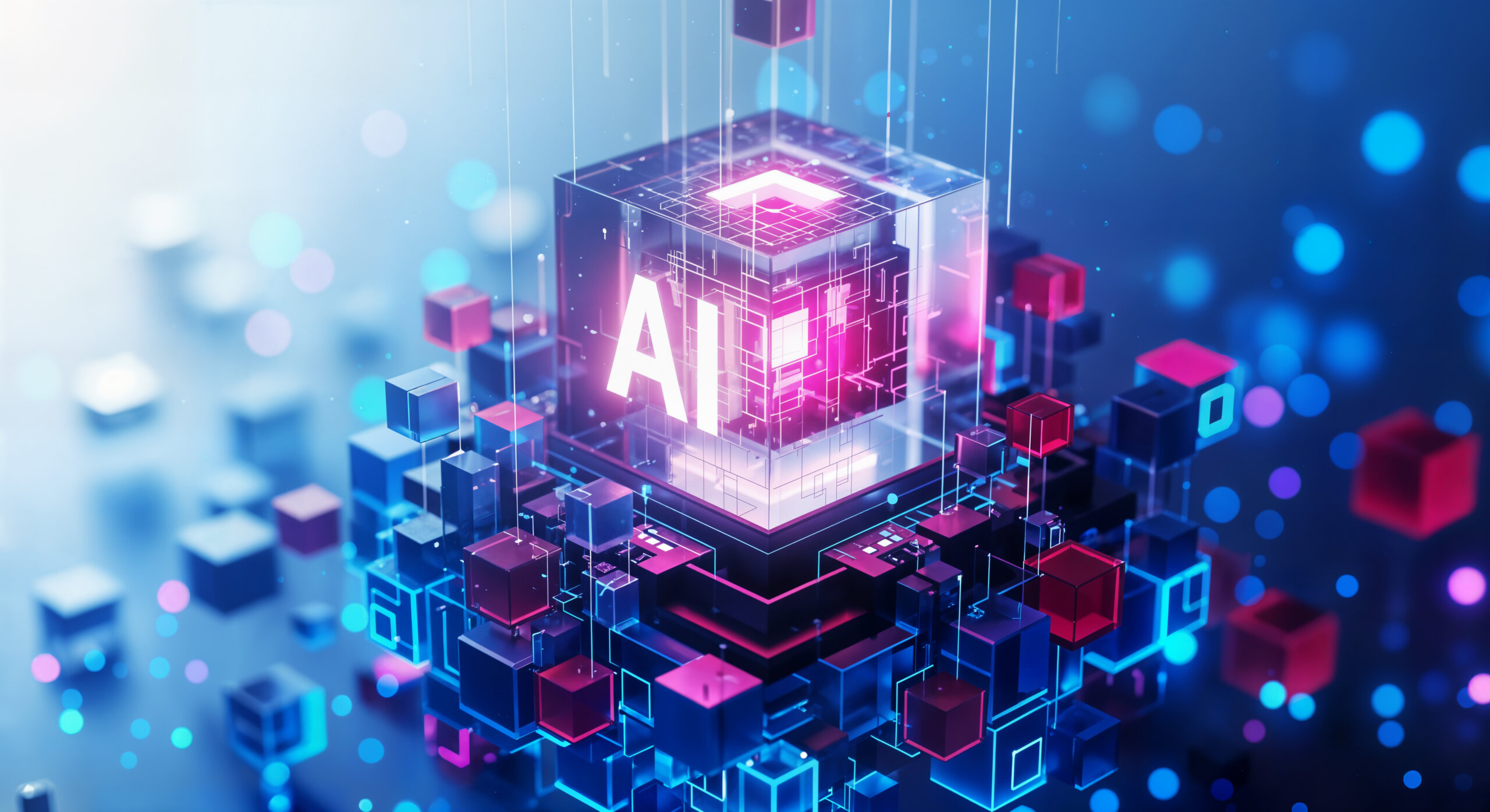 Artificial intelligence concept with glowing ai text in a digital cube surrounded by data elements