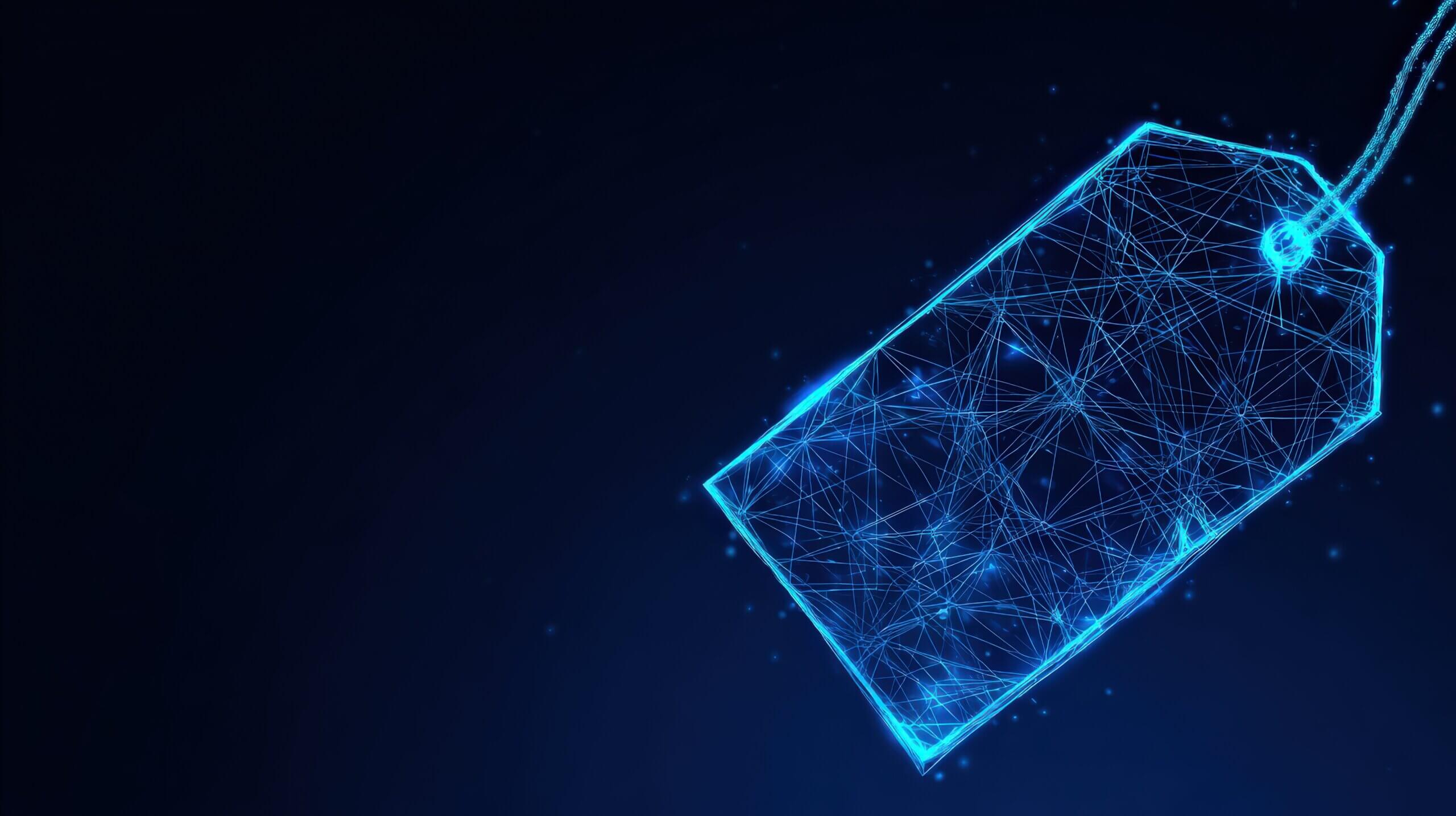 A luminous digital tag glows against a dark, futuristic background, representing digital product and innovation. ..Created with Generative AI, not depicting real subjects.