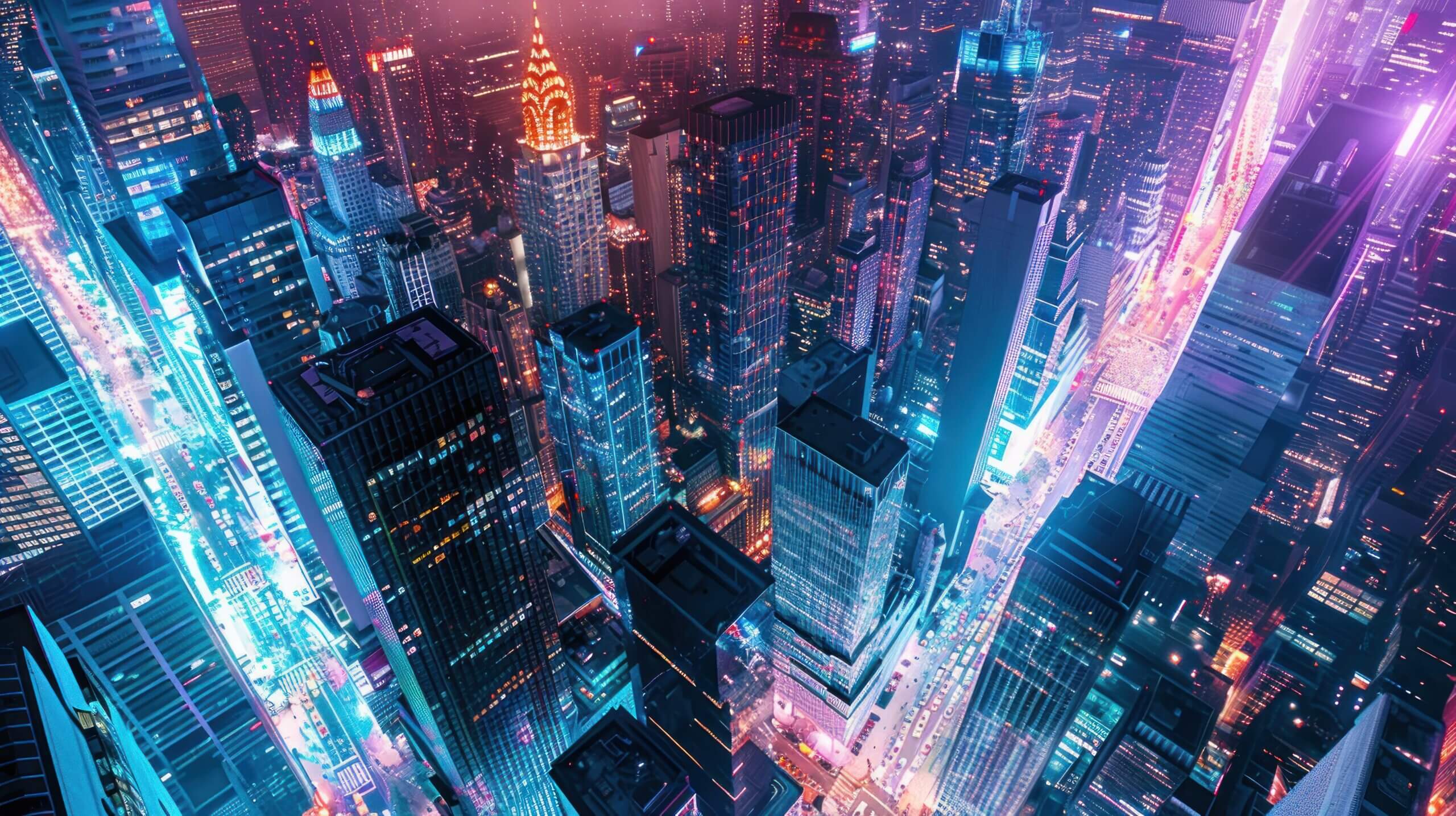 Top view of colorful futuristic city