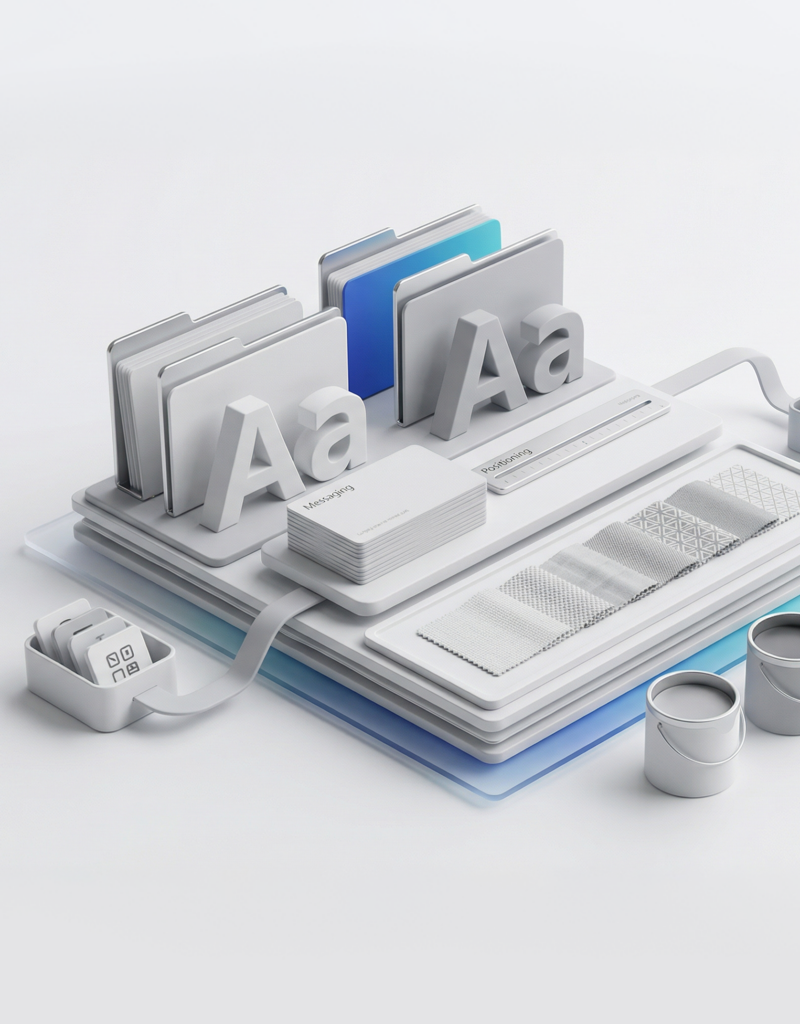 Illustration of brand content and design assets including typography, messaging, and creative materials for conversion-focused marketing
