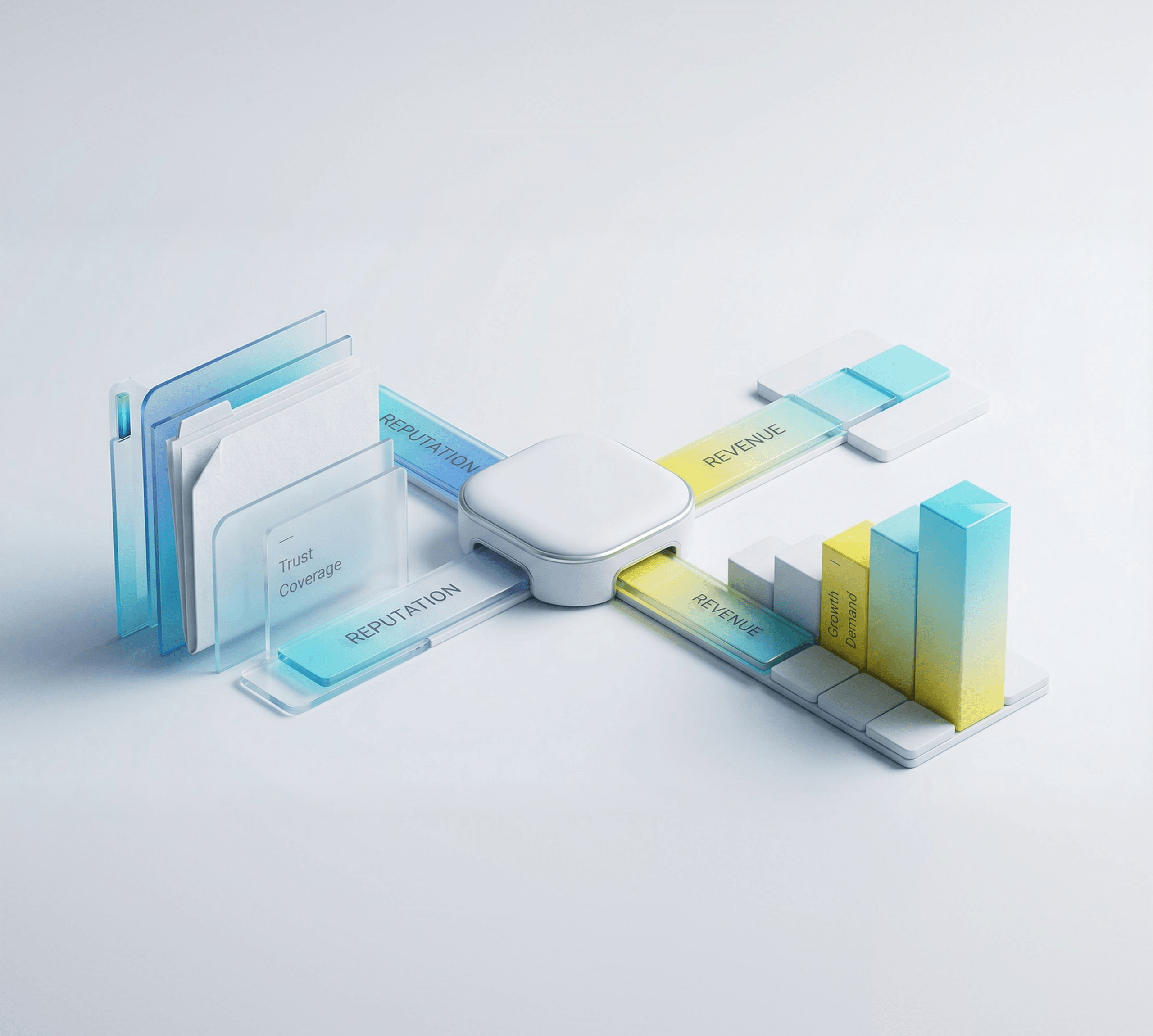 Illustration of trust-building content and coverage strengthening brand reputation and driving revenue growth across channels
