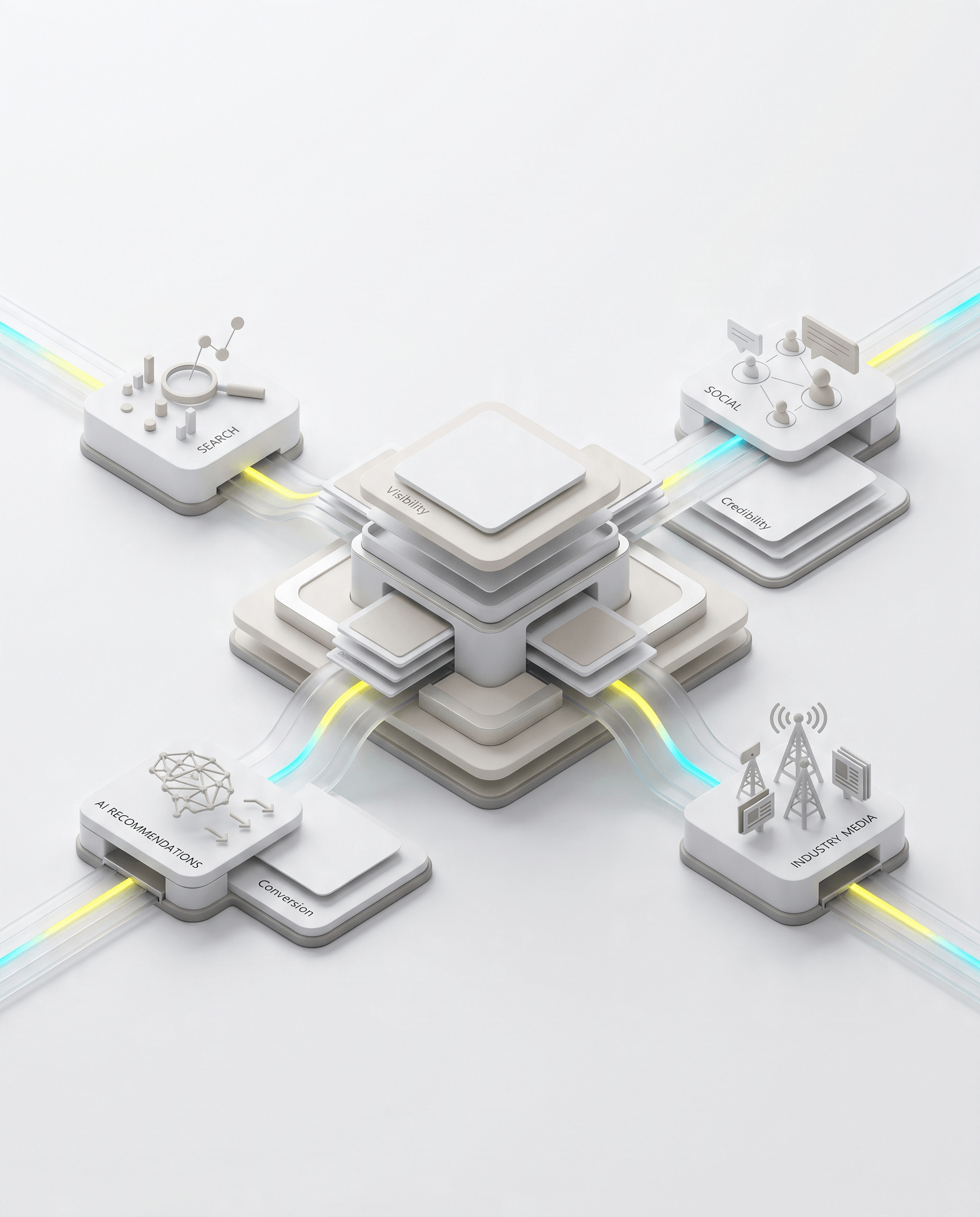 Illustration of search, social, industry media, and AI recommendations working together to build content visibility across channels
