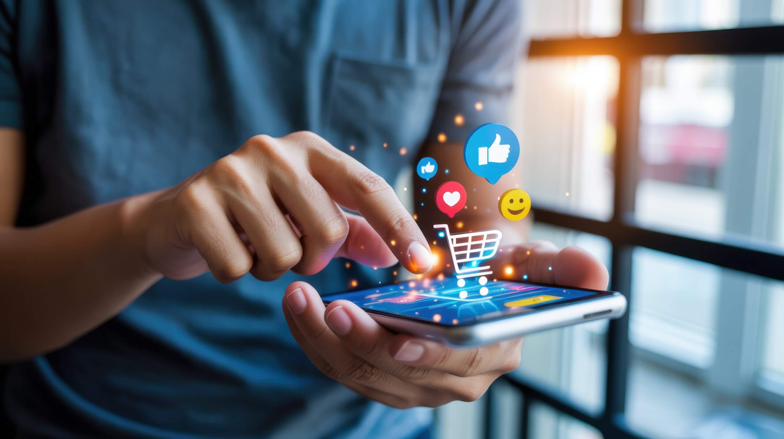 Digital commerce experience: person uses smartphone for online shopping and social interaction