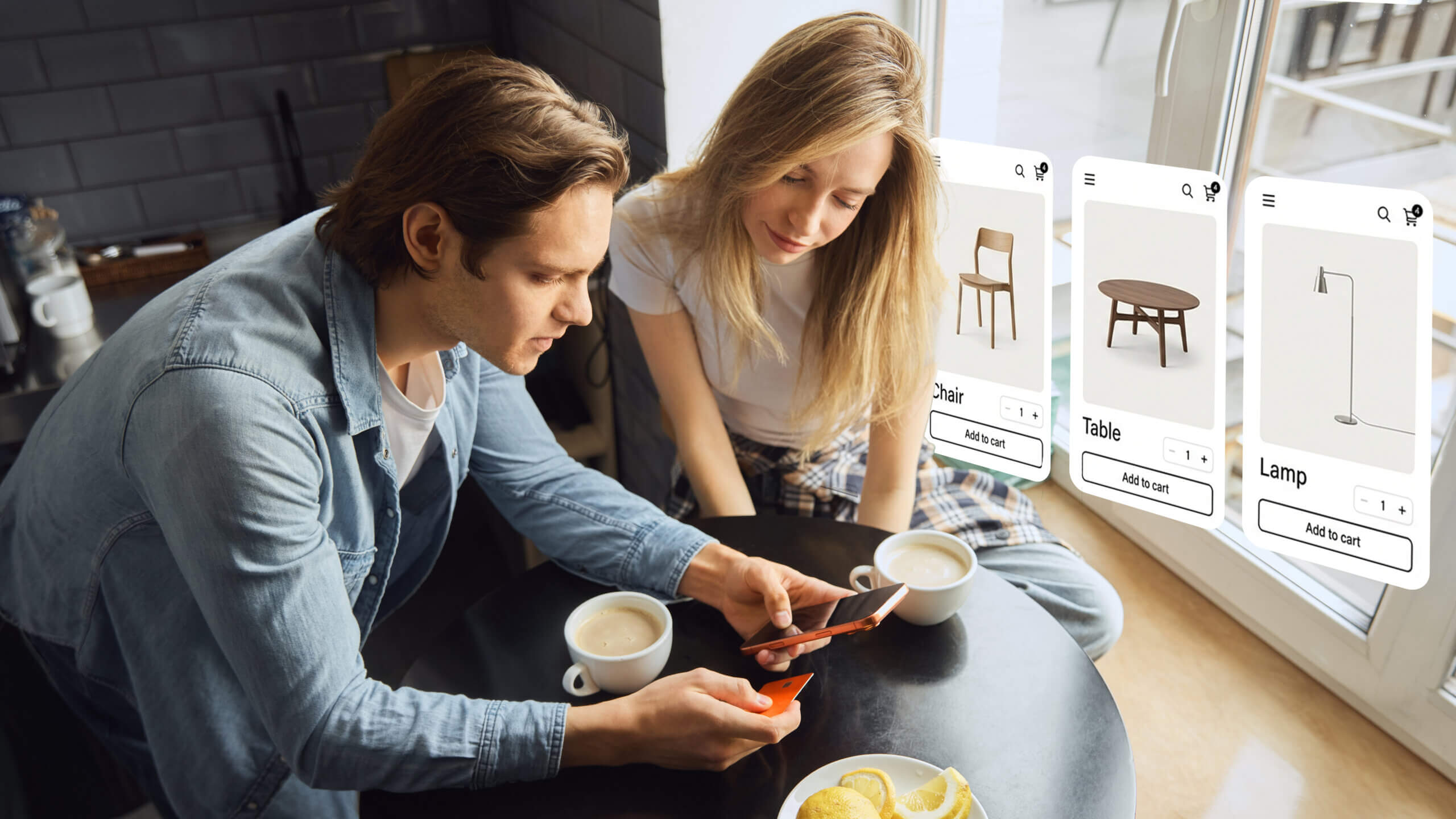 Couple shopping for furniture online with floating ecommerce displays at home. Concept of digital storefront, interactive catalog, augmented shopping interface and home decor ecommerce.