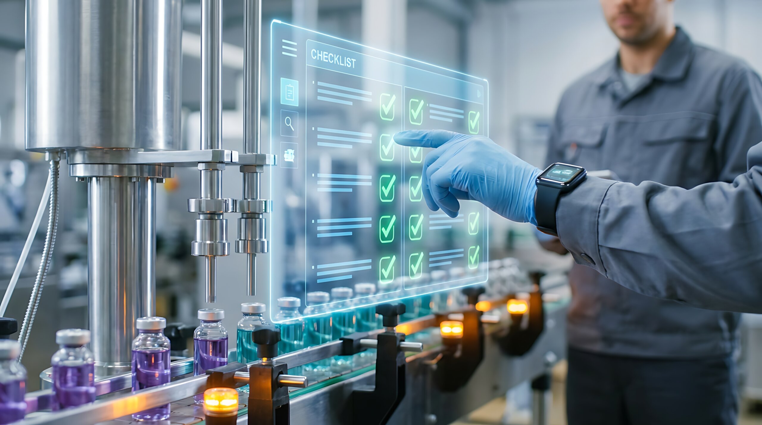 Man in gloves touching holographic checklist on digital screen, advanced industrial automation and quality management in pharmaceutical manufacturing process.