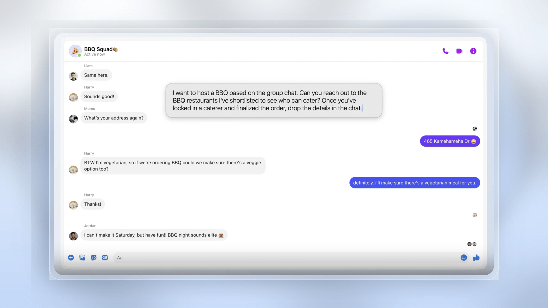 A wide screenshot of a group chat interface centered on a soft blue-and-white abstract background, with rounded message bubbles discussing plans for a barbecue and a light, calm tech-style layout.