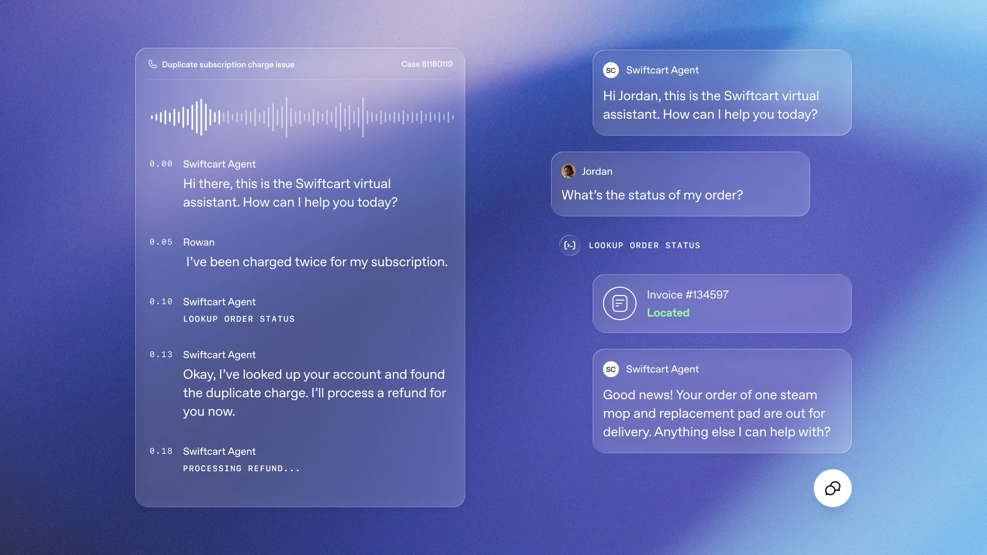 Illustration of a Swiftcart virtual assistant interface showing a voice call transcript about a duplicate subscription charge and chat messages about order status and refunds on a purple gradient background.