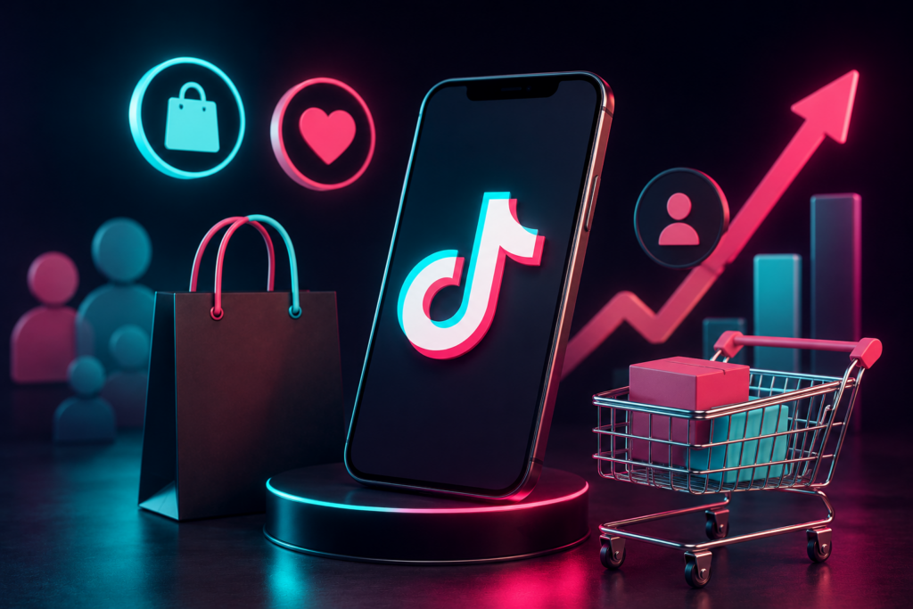 TikTok Shop affiliate marketing concept with smartphone, shopping cart, and growth icons
