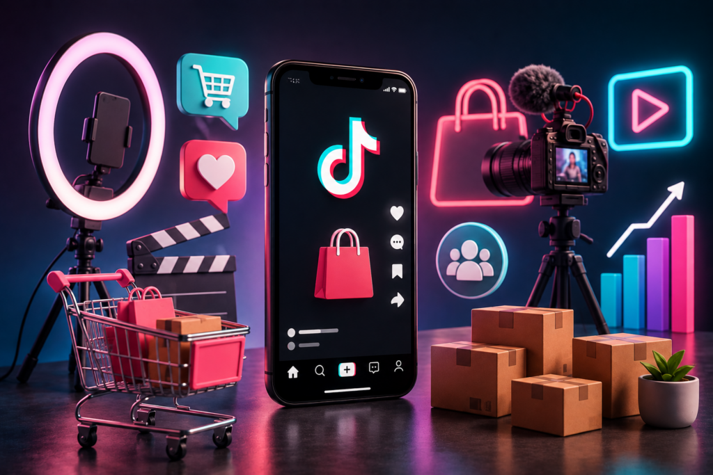 TikTok Shop creative marketing concept with smartphone, camera, shopping cart, and social media icons
