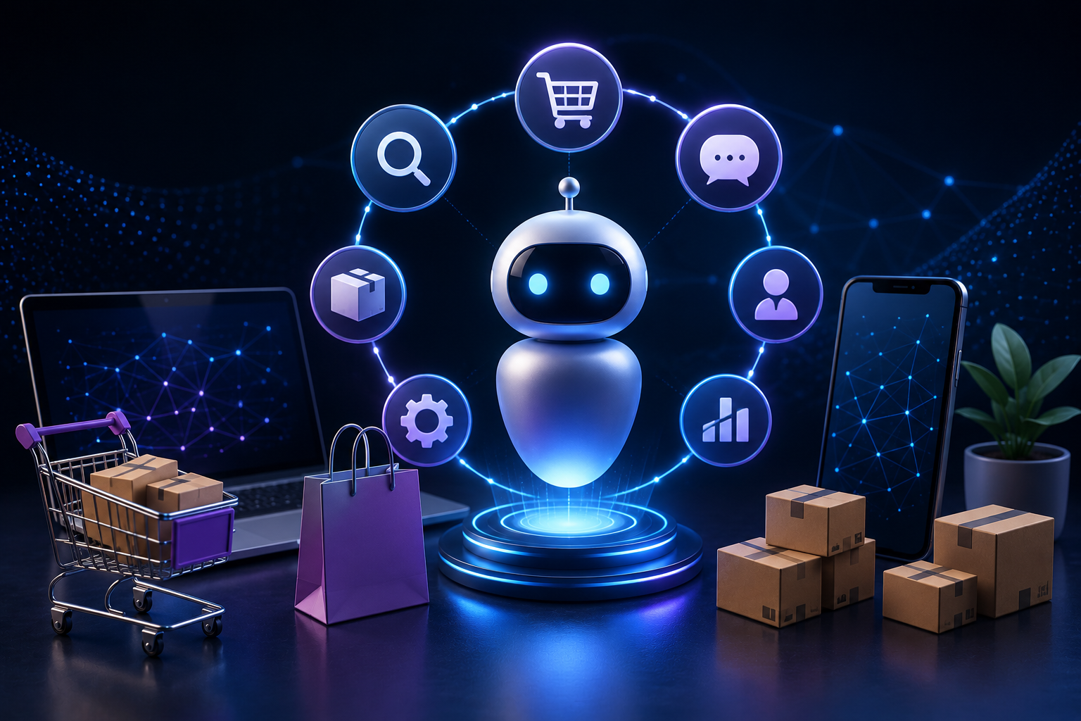 AI-powered commerce concept with shopping assistant and ecommerce icons