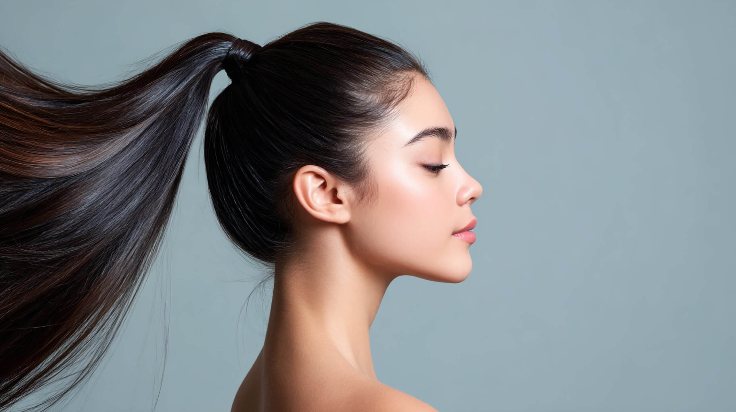 Side profile of a young Asian woman with long, flowing hair styled in a sleek ponytail against a soft blue background.